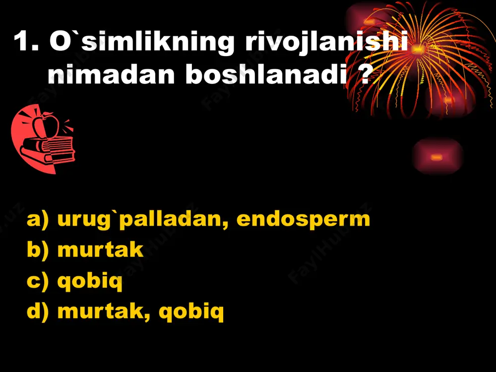 g, shumtol b) olcha, olma c) behi, olxo`ri d) atirgul, kamxastak 14.haqiqiy mevalar berilgan javobni belgilang. a) olvoli, o’rik b) olma, qovoq c) olma yong’oq d) qimizak, olma 15. chatnaydigan mevalar guruhini aniqlang . 1 turp 2 rediska 3 bug`doy 4 suli 5 jag` - jag` 6 mosh 7 makkajo`xori a) 1.2.5 b) 1.3.6 c) 1.5.7 d) 2.3.4 16. qo’zoq mevaning tuzilishidagi hususiyatni aniqlang. a) chetlari bir – biriga qo`shilib o`sgan meva bargchalar orasida to`siq bo`ladi b) chetlari bir – biriga qo`shilib o`sgan meva bargchalar orasida to`siq bo`lmaydi c) mevasida qanotchalari bo`ladi d) bir tutam tuklari bo`ladi 17. urug’ida kraxmal ko`p bo`lgan o`simliklar guruhini aniqlang. 1 bug`doy 2 makkajo`xori 3 loviya 4 mosh 5 kungaboqar 6 no`xat 7 g`o`za 8 yong`oq 9. sholi a) 1.2.8 b) 1.2.9 c) 1.2.7 d) 1.3.5 18. urug`pallasi o`simta bilan yer yuzasiga ko`tarilib chiqmaydigan o`simliklarni aniqlang. 1 loviya 2 bug`doy 3 arpa 4 yong`oq 5 …