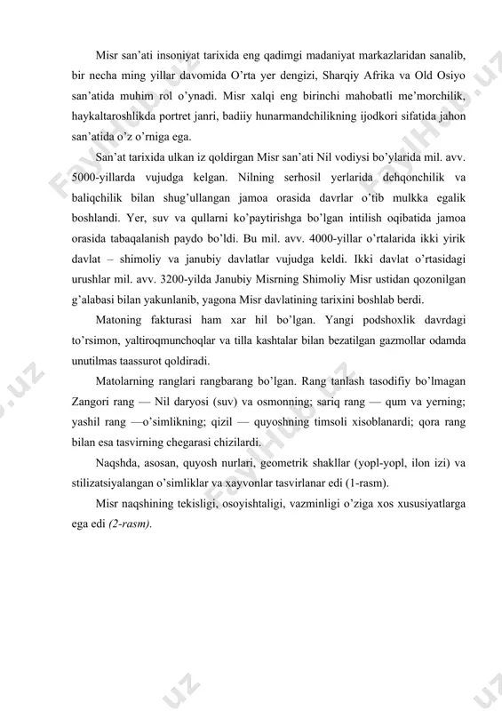osoyishtaligi, vazminligi o’ziga xos xususiyatlarga ega edi (2-rasm). 2-rasm. qadimgi misr naqshlari qadimgi podsholik davri misr kostyumlari (mil. avv. 3200–2400-yillar). qadimgi podsholik davriga kelib misrda fir’avn hukmronligi mustahkamlandi. dehqonchilik, hunarmandchilikning rivojlanishi, savdo aloqalarining yo’lga qo’yilishi, qulchilik mehnatidan foydalanish iqtisodiyotning o’sishini ta’minladi. qadimgi podshodik davri san’atida me’morchilik yetakchi o’rin egalladi. qadimgi misr me’morchilik tarixi bevosita podsholarning yirik maqbaralari – ehrom (piramida)lar tarixi bilan bog’liq bo’lib, ular qirilish texnikasi, ustalarning yangi g’oyalari natijasi bo’ldi. ilk ehromlar fir’avn joserga atab, miloddan avvalgi 3000-yillarda bunyod etilgan, qurilishiga qarab «zinali ehrom» nomini olgan. ehrom me’mori imxotep misr me’morchilik tarixida donishmand, toshdan qurilgan obidalarning ixtirochisi, astronom va shifokor sifatida nom qoldirgan. uni mabud ptaxaning o’g’li deb bilishgan. joser ehromi misr me’morchiligida ulkan ehromlar qurilishiga asos bo’ldi. podsho snofru davrida (mil. avv. 2900) dashur hududida qurilgan ehromi giza (mil. avv. 2900–2800) ehromlarining ilk namunasi bo’ldi. giza ehromlari fir’avnlar xufu (greklar xeops deb atashgan), xaqra (xefren), menkaura (mikerin) …