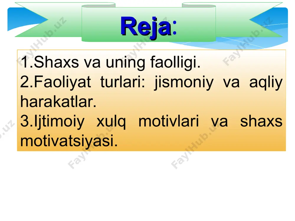 eb yuritiladi. interiorizatsiya va eksteriorizatsiya faoliyatning klassik turlari muloqot – shaxs individual rivojlanishi jarayonida namoyon bo’ladigan birlamchi faoliyat turlaridan biri. asosiy faollik turlari bo’yicha tabaqalash o’yin o’qish shunday faoliyat turiki, u bevosita biror moddiy yoki ma’naviy ne’matlar yaratishni nazarda tutmaydi, lekin uning jarayonida jamiyatdagi murakkab va xilma-xil faoliyat normalari, harakatlarning simvolik andozalari bola tomonidan o’zlashtiriladi. faoliyati ham shaxs kamolotida katta rol o’ynaydi va ma’no kasb etadi. bu shunday faollikki, uning jarayonida bilimlar, malaka va turli ko’nikmalar o’zlashtiriladi. muloqot 1 2 mehnat asosiy faollik turlari bo’yicha tabaqalash * mehnat qilish ham tabiiy ehtiyojlarga asoslangan faoliyat bo’lib, uning maqsadi albatta biror moddiy yoki ma’naviy ne’matlarni yaratish, jamiyat taraqqiyotiga hissa qo’shishdir. har qanday kasbni egallash, nafaqat egallash, balki uni mahorat bilan amalga oshirishda faoliyatning barcha qonuniyatlari va mexanizmlari amal qiladi. oddiygina biror kasb malakasini egallash uchun ham unga aloqador bo’lgan ma’lumotlarni eslab qolish va kerak bo’lganda yana esga tushirish orqali uni bajarish bo’lmay, …