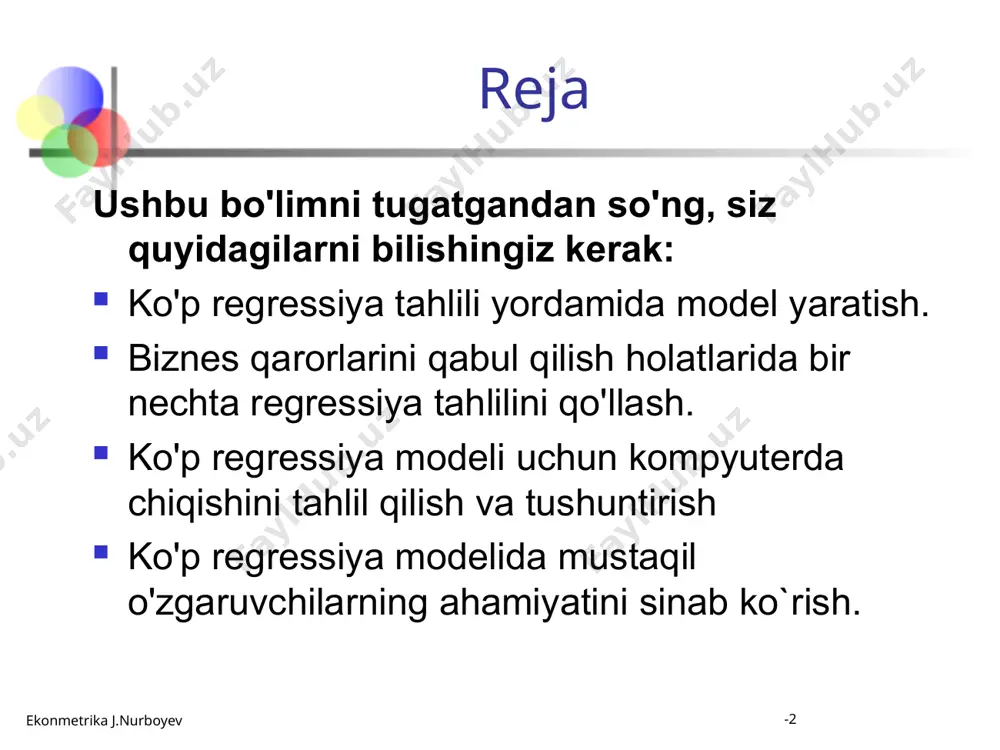 dir e = (y – y) < regressiya modelidagi xatolar (qoldiqlar): ekonmetrika j.nurboyev -8 model spetsifikatsiyasi sizga foydali bo`lgan variantni toping va qaram o'zgaruvchini tanlang modelingiz uchun potentsial mustaqil o'zgaruvchilarni aniqlang barcha o'zgaruvchilar uchun namuna ma'lumotlarini (kuzatishlarni) to'plang ekonmetrika j.nurboyev -9 korrelyatsiya matritsasi korrelyatsiya matritsasi tahlildagi har bir mumkin bo'lgan o'zgaruvchilar juftligi uchun korrelyatsiya koeffitsientlarini ko'rsatadi. y(x0) x1 x2 ……. xk-1 xk y(x0) r00 r01 r02 r0k-1 r0k x1 r10 r11 r12 r1k-1 r1k x2 r20 r21 r22 r2k-1 r2k ……. ……. ……. ……. ……. ……. ……. xk-1 rk-10 rk-11 rk-12 …… rk-1k-1 rk-1k xk rk0 rk1 rk2 …… rkk-1 rkk ekonmetrika j.nurboyev -10 korrelyatsiya matritsasi x o'zgaruvchilar orasidagi chiziqli munosabatni ko'rsatadigan korrelyatsiya koeffitsientiiva xjr shaklida ifodalanadiij. rii==1, rij=rji. y va x o'zgaruvchilar orasidagi chiziqli munosabatni ko'rsatadigan korrelyatsiya koeffitsienti r2 shaklida ifodalanadi. x o'zgaruvchilar orasidagi chiziqli munosabatni ko'rsatadigan korrelyatsiya koeffitsienti x1va x2 r shaklida ifodalanadi. ekonmetrika j.nurboyev -11 bashorat qiluvchi …
