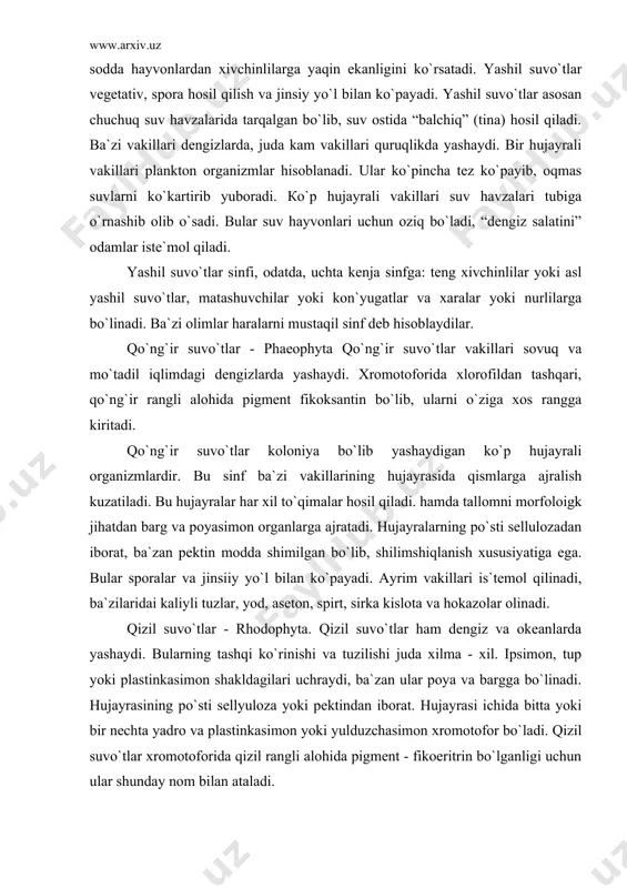 i. hujayralarning po`sti sellulozadan iborat, ba`zan pektin modda shimilgan bo`lib, shilimshiqlanish xususiyatiga ega. bular sporalar va jinsiiy yo`l bilan ko`payadi. ayrim vakillari is`temol qilinadi, ba`zilaridai kaliyli tuzlar, yod, aseton, spirt, sirka kislota va hokazolar olinadi. qizil suvo`tlar - rhodophyta. qizil suvo`tlar ham dengiz va okeanlarda yashaydi. bularning tashqi ko`rinishi va tuzilishi juda xilma - xil. ipsimon, tup yoki plastinkasimon shakldagilari uchraydi, ba`zan ular poya va bargga bo`linadi. hujayrasining po`sti sellyuloza yoki pektindan iborat. hujayrasi ichida bitta yoki bir nechta yadro va plastinkasimon yoki yulduzchasimon xromotofor bo`ladi. qizil suvo`tlar xromotoforida qizil rangli alohida pigment - fikoeritrin bo`lganligi uchun ular shunday nom bilan ataladi. qizil suvo`tlar sporalar va jinsiy yo`l bilan ko`payadi. ularda ham jinssiz va jinsiy nasl gallanadi. 3. suvo`tlari suv, tuproq, taqir yerlar va qoyalarda, qor hamda muz tog`larida, daraxt po`stloqlarida o`sadi. suvo`tlaridan nihoyatda ko`p biomassa hosil bo`ladi. suvda hech narsaga birikmasdan yumaloq holda o`sadigan plankton suvo`tlar hayvonlarning oziqlanishida ahamiyati …
