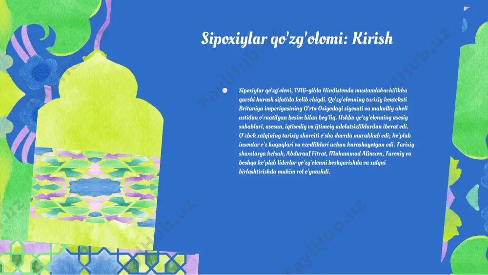 'zbekistonga gumanitar yordam ko'rsatdi. sipoxiylar qo'zg'olomi: natijalar va ta'sirlar siyosiy o'zgarishlar sipoxiylar qo'zg'olomi natijasida hindistonda hukumat va qonunchilikda jiddiy o'zgarishlar yuz berdi. qo'zg'olon xalqning siyosiy ishtirokini kuchaytirdi, yangi siyosiy kuchlar paydo bo'ldi va o'zgarishlar kelajakda hukumat tuzilishiga ta'sir ko'rsatdi. ommaviy ongning o'zgarishi qo'zg'olon davomida xalq fikri va ommaviy ong sezilarli darajada o'zgardi. xalq orasida ozodlik va adolatga bo'lgan talablar kuchaydi, bu esa kelajakda siyosiy harakatlarga va ijtimoiy islohotlarga sabab bo'ldi. ijtimoiy ta'sirlar sipoxiylar qo'zg'olomi ijtimoiy qatlamlar o'rtasidagi munosabatlarni o'zgartirdi. xalq o'rtasida birlik va hamjihatlik hissi kuchaydi, bu esa ijtimoiy harakatlar uchun asos bo'lib xizmat qildi. uzoq muddatli ta'sirlar qo'zg'olonning uzoq muddatli ta'sirlari, asosan, hindistonning mustaqil harakatlariga turtki berishda, yangi siyosiy fikrlarning shakllanishida va xalqaro munosabatlarda o'z aksini topdi. 01 02 03 04 sipoxiylar qo'zg'olomi: tarixiy ahamiyati sipoxiylar qo'zg'olomi hindiston tarixida muhim voqea bo'lib, u mamlakatning siyosiy, ijtimoiy va madaniy rivojlanishiga katta ta'sir ko'rsatdi. ushbu qo'zg'olon britaniya imperiyasining hindistondagi nazoratiga qarshi …