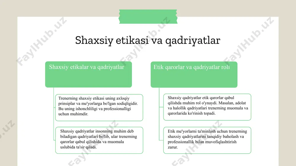 ishonchliligini oshiradi. etik normalarga rioya qilish jarayonni mustahkamlab, professional rivojlanishga yordam beradi. mijoz bilan ochiq va halol munosabatlar, muvaffaqiyatli trening uchun asosiy shartdir. etik normalar va professionallik trening sifatini belgilaydi. ularni amalga oshirish — trening natijasini kuchaytiradi va trenerning ishonchliligini oshiradi. amaliy strategiyalar bilan etik talablarga rioya qilish muhim. xulosa foydalanilgan adabiyotlar 1. o‘zbekiston respublikasi psixologlar assotsiatsiyasi. psixologik treninglar va etik me'yorlar. toshkent, 2020. 2. islomov, a. psixologik trening va etik normalar. o‘zbekiston davlat universiteti nashriyoti, 2019. 3. karimov, b. psixologik treningda maxfiylik va etik talablarga rioya qilish. psixologiya jurnali, 2021, 15(3), 45-52. 4. tursunov, s. psixologik trening va shaxsiy etik qadriyatlar. toshkent, 2018. 5. mustafaev, q. psixologik treningda etik normalar va professionallik. o‘zbekiston psixologlar assotsiatsiyasi, 2022. e'tiboringiz uchun rahmat! designed by slides carnival image1.png image2.png image3.png image4.png image5.png image23.jpg image6.jpg image7.png image17.png image18.jpg image19.jpg image20.png image21.png image22.png