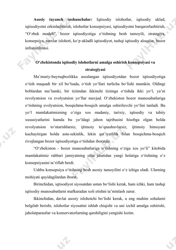 davlat asosiy islohotchi bo‘lishi kerak, u eng muhim sohalarni belgilab berishi, islohotlar siyosatini ishlab chiqishi va uni izchil amalga oshirishi, jaholatparastlar va konservatorlarning qarshiligini yengishi lozim. uchinchi qoida - qonunning ustunligi. buning ma’nosi shuki, demokratik yo‘l bilan qabul etilgan yangi konstitutsiya va qonunlarni istisnosiz hamma fuqarolar hurmat qilishga va ularga rioya etishga majburdirlar. to‘rtinchidan, aholining demografik tarkibini hisobga olgan holda kuchli ijtimoiy siyosatni o‘tkazish. bozor munosabatlarini joriy etish bilan bir vaqtda aholini ijtimoiy himoyalash yuzasidan oldindan ta’sirchan choralar ko‘rilishi lozim. bu bozor iqtisodiyoti yo‘lidagi eng dolzarb vazifa bo‘lib keldi va bundan keyin ham shunday bo‘lib qoladi. beshinchidan, bozor iqtisodiyotiga o‘tish iqtisodiyotning obyektiv qonunlarini e’tiborga olib, o‘tmishdagi “inqilobiy sakrashlar”ga yo‘l qo‘ymay, ya’ni evolyutsion yo‘l bilan, puxta o‘ylab va bosqichma-bosqich amalga oshirilishi kerak. bu tamoyillar o‘z istiqlol, rivojlanish va taraqqiyot yo‘limizga asos qilib olingan bo‘lib, o‘tish davri dasturining negizini tashkil etadi. hozir bu qoidalarning amalga oshirilishi o‘zbekiston respublikasida bozor munosabatlarini joriy etish …
