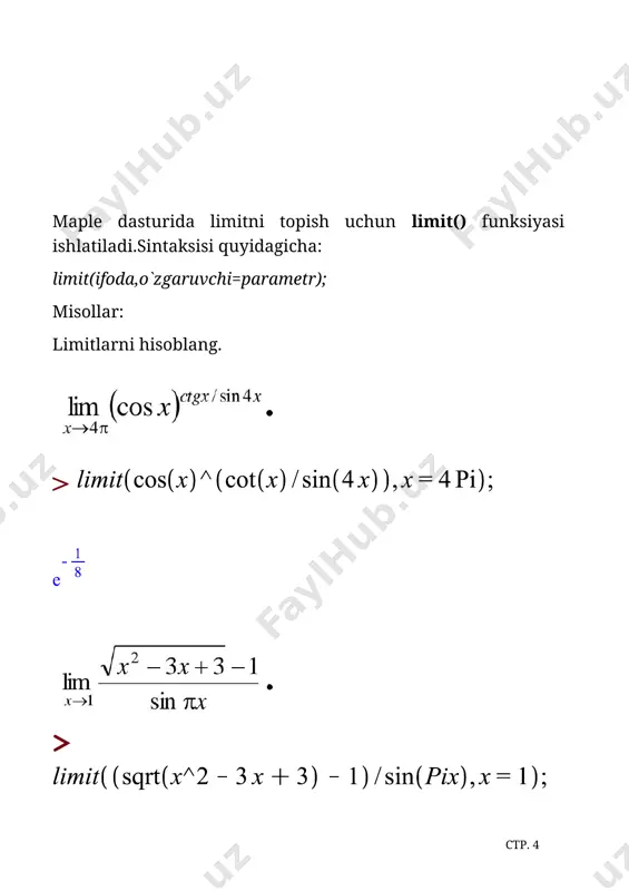 arallelepiped bo‘lib, a≤x≤b, c≤y≤d bo‘lsa, uch karra integral quyidagicha hisoblanadi: hisoblash tartibi (avval x, keyin y, so‘ng z) o‘zgartirilishi mumkin — bu hisoblash qulayligiga qarab tanlanadi. > > qatorlar ta’rif. sonli qatorshunday yoziladiki, uning k-inchi qismiy yig’indisi: . agar mavjud va chekli bo’lsa, s qatorning umumiy yig’indisi deb ataladi: . cheksiz yig’indilar matematik tahlilda funksiyalarni taqribiy hisoblash, masalan, qatorlar orqali funksiyalarni ifodalashda muhim ahamiyatga ega. teorema (yaqinlashishning zarur sharti). agar qator yaqinlashadigan bo’lsa, unda: =0 misol. geometrik qator ni ko’rib chiqamiz. agar |r| > xulosa mazkur amaliy mashg‘ulot davomida maple dasturida matematik analizning turli mavzulari bo‘yicha integrallarni hisoblash o‘rganildi. jumladan: aniq va noaniq integrallar ustida ishlash orqali funksiyalarning boshlang‘ich funksiyalarini topish, ularni turli oraliqlarda hisoblash ko‘nikmasi hosil qilindi. xosmas (cheksiz chegarali yoki uzluksiz nuqtali) integrallarni hisoblash orqali ularning yaqinlashuv yoki divergensiyasini aniqlash mashq qilindi. 1-tur va 2-tur xosmas integrallar misollar orqali tahlil qilinib, ularni maple yordamida baholash o‘rganildi. summalar va …