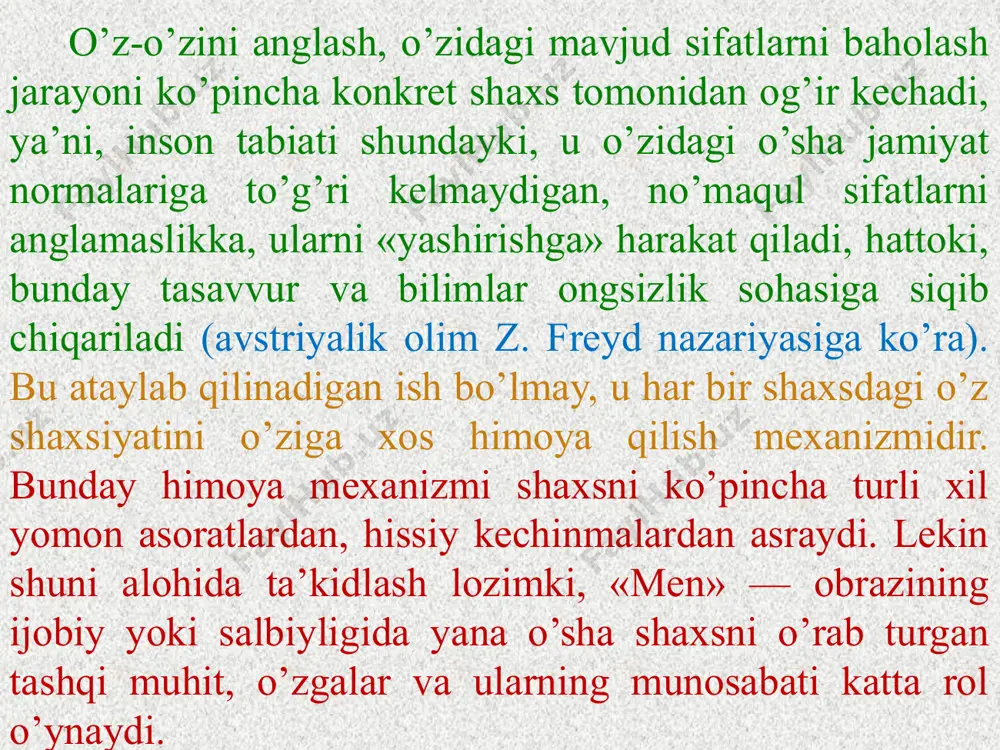 unosabatlarni ilk yoshligidanoq holis qabul qilishga, o’z vaqtida kerak bo’lsa to’g’rilashga o’rgatilgan bo’ladi. bunda shaxs uchun etalon, ibratli hisoblangan insonlar guruhi — referent guruhning roli katta bo’ladi. chunki biz kundalik hayotda hammaning fikri va bahosiga quloq solavermaymiz, biz uchun shunday insonlar mavjudki, ularning hattoki, oddiygina tanbehlari, maslahatlari, hattoki, maqtab turib bergan tanbehlari ham katta ahamiyatga ega. bunday referent guruh real mavjud bo’lishi (masalan, ota-ona, o’qituvchi, ustoz, yaqin do’stlar), yoki noreal, hayoliy (kitob qahramonlari, sevimli aktyorlar, ideal) bo’lishi mumkin. shuning uchun yoshlar tarbiyasida yoki real jamoadagi odamlarga maqsadga muvofiq ta’sir yoki tazyiq ko’rsatish kerak bo’lsa, ularning etalon, referent guruhini aniqlash katta tarbiyaviy ahamiyatga ega bo’ladi. shunday qilib, o’z-o’ziga baho sof sosial xodisa bo’lib, uning mazmuni va mohiyati shaxsni o’rab turgan jamiyat normalariga, shu jamiyatda qabul qilingan va e’zozlanadigan qadriyatlarga bog’liq bo’ladi. keng ma’nodagi yirik sosial jamoalar etalon rolini o’ynashi oqibatida shakllanadigan o’z-o’ziga baho — o’z-o’zini baholashning yuksak darajasi hisoblanadi. masalan, mustaqillik …