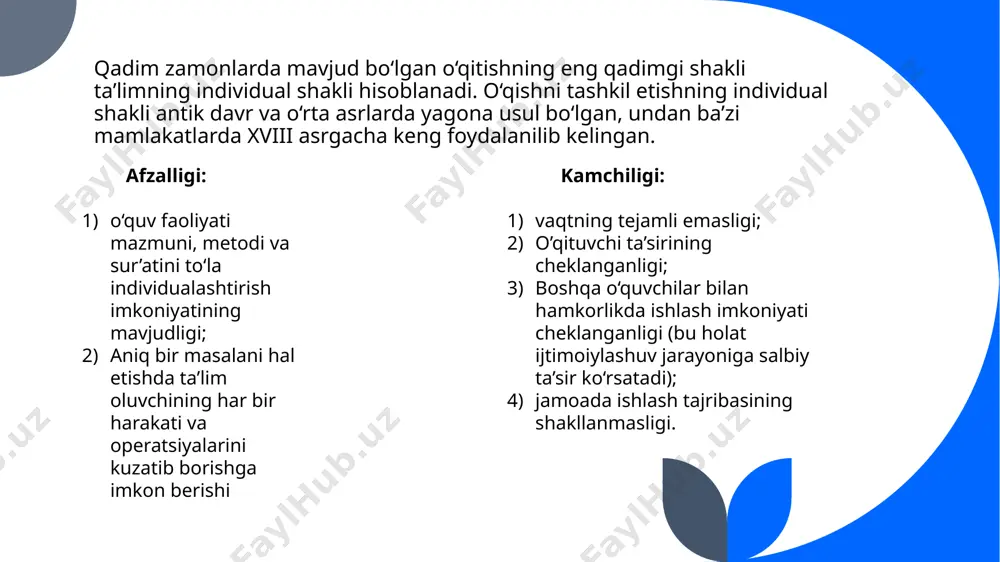 gan mezonlarga muvofiq eng ma’qulini tanlab olish. loyihalashtirish va rejalashtirish o’quvchilarning o‘quv faoliyatini boshqarish dasturini yaratish bo’lib, u darsga tayyorlanishning yakuniy bosqichi hisoblanadi. 11 ta’limni tashkil etishning yordamchi shakllari toʻgarak konferensiya maslahat(konsultatsiya) fakultativ mashgʻulot oʻquvchilarning uy ishlari va boshqalar. 12 e’tiboringiz uchun tashakkur! 13 image1.jpg image2.jpg /docprops/thumbnail.jpeg