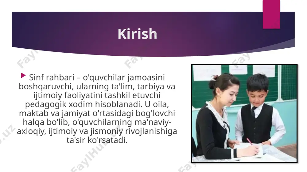 idual yordam ko'rsatish. - ijtimoiy va sog'liqni mustahkamlash: o'quvchilarni ijtimoiy foydali mehnatga jalb qilish, sog'lik holatini kuzatish va jamoaviy tadbirlarda faol ishtirok etishni ta'minlash. - hamkorlik va hujjat yuritish: ota-onalar, tarbiyachilar va jamiyat bilan aloqa o'rnatish; sinf jurnali, kundaliklar, reja va hisobotlarni yuritish. maqsadlar va vazifalar faoliyatni tashkil etish metodikasi - rejalashtirish: o'quv yili boshida sinf rahbari o'z faoliyat rejasini tuzadi. reja fasllarga, bayramlar, tarixiy sanalar (masalan, mustaqillik kuni, navro'z) va mavzular bo'yicha (tinchlik, do'stlik, mehnat, oila) bo'linadi. rejada tarbiyaviy soatlar, ekskursiyalar va ota-ona yig'inlari kiritiladi. - o'rganish va kuzatish: o'quvchilarni darsdan tashqari vaqtlarda, oilaviy sharoitlarda o'rganish; pedagogik kuzatuv olib borish (masalan, xulq-atvor xususiyatlarini yozib borish). - tashkil etish va o'tkazish: jamoaviy tadbirlar (sport musobaqalari, san'at kechalari), individual suhbatlar va guruh ishlari orqali tarbiyaviy ta'sirni kuchaytirish. metodika individual yondashuvga asoslanadi: har bir o'quvchining qobiliyati hisobga olinadi. - nazorat va tahlil: faoliyat natijalarini baholash, hisobotlar tayyorlash va keyingi reja uchun tuzatishlar …