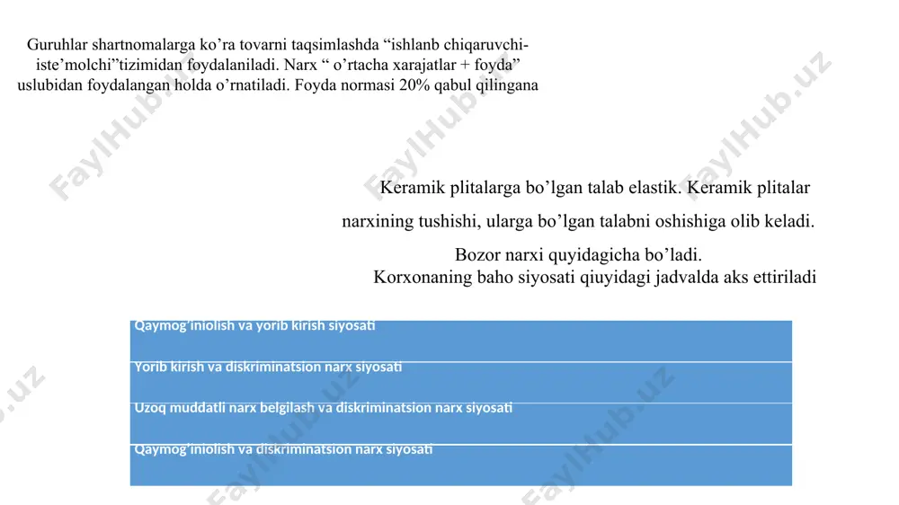 2145200 so’mni tashkil etadi. kommunal xizmatlar uchun to’lovlar tarkibiga, shuningdek, bino uchun to’lanadigan ijara to’lovlarini ham kiritish mumkin. 1 m.kv joy uchun to’lanadigan ijara to’lovi 34332 so’m deb qabul qilamiz va jami to’lov (600*3433) 2059800 so’mni tashkil etadi. kelgusi davr va moliyaviy xarajatlar tarkibidagi ma’muriy xodimlar va xizmatchilar ish haqi tashkiliy va xodimlar rejasidan olinadi. bu 252840000 so’mni tashkil etadi. marketing uchun xarajatlar xom-ashyo va materiallar uchun sarflanadigan xarajatlarning 2 % miqdorida olinadi va 7790000 so’mni tashkil etadi. jami xarajatlar mahsulot hajmiga bo’linadi va bir metr mato tannarxi aniqlnadi. 144306335.6 : 48500 = 2975 so’m. foyda normasi va yagona daromad solig’ini e’tiborga olgan holda narx tuzatiladi. 2975 *1.15=3421 so’m. yuqoridagi hisoblar uchun ayrim narx va xarajatlar shartli olingan.