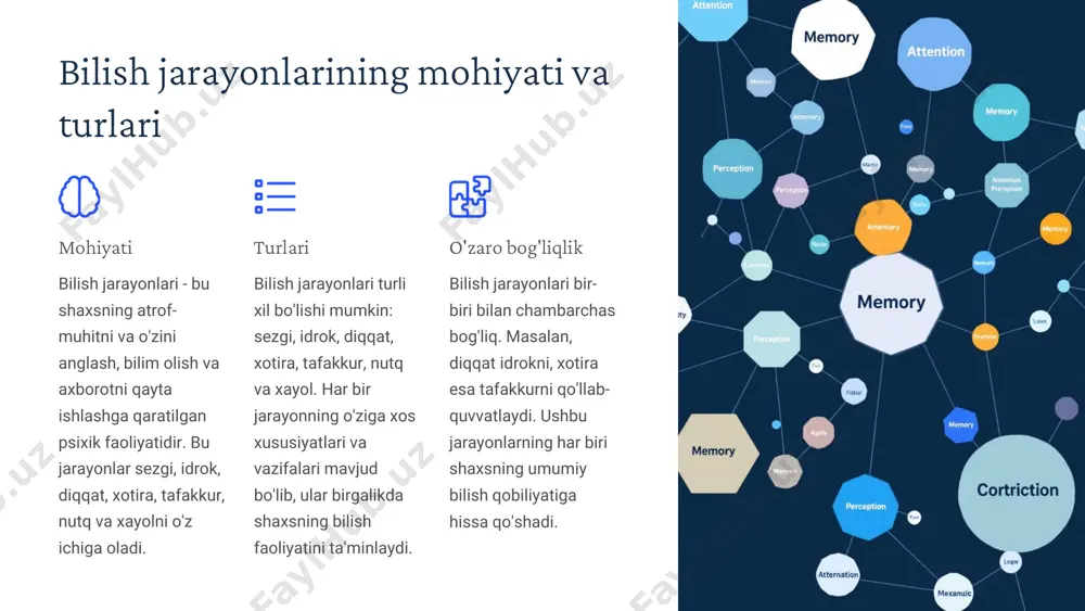 lash) va yozma (yozish va o'qish). har bir tur shaxsning kommunikativ qobiliyatida muhim rol o'ynaydi. rivojlantirish omillari nutqni rivojlantirish uchun turli omillar mavjud: ijtimoiy muhit, ta'lim, kitob o'qish va boshqalar. ushbu omillar nutqning ravonligi va boyligini oshiradi. xayol: ijodiy faoliyatning asosi va turlari ijodiy faoliyatning asosi xayol ijodiy faoliyatning asosi hisoblanadi. xayol orqali biz yangi g'oyalar yaratamiz va mavjud muammolarni hal qilamiz. turlari xayolning asosiy turlari: aktiv (ongli ravishda boshqariladigan) va passiv (ongdan tashqari). har bir tur shaxsning ijodiy qobiliyatida muhim rol o'ynaydi. bilish jarayonlarining shaxs xususiyatlariga ta'siri 1 shaxsning xususiyatlari 2 xulq-atvor 3 munosabatlar 4 qobiliyatlar 5 bilish jarayonlari bilish jarayonlari shaxsning xususiyatlariga sezilarli ta'sir ko'rsatadi. diqqat, xotira, tafakkur va boshqa bilish jarayonlari shaxsning qobiliyatlari, munosabatlari va xulq-atvorini shakllantiradi. shuning uchun bilish jarayonlarini rivojlantirish shaxsning umumiy rivojlanishiga hissa qo'shadi. xulosa shaxsning bilish jarayonlari uning atrof-muhitni anglash, bilim olish va axborotni qayta ishlash qobiliyatini belgilaydi. diqqat, sezgi, idrok, xotira, tafakkur, …