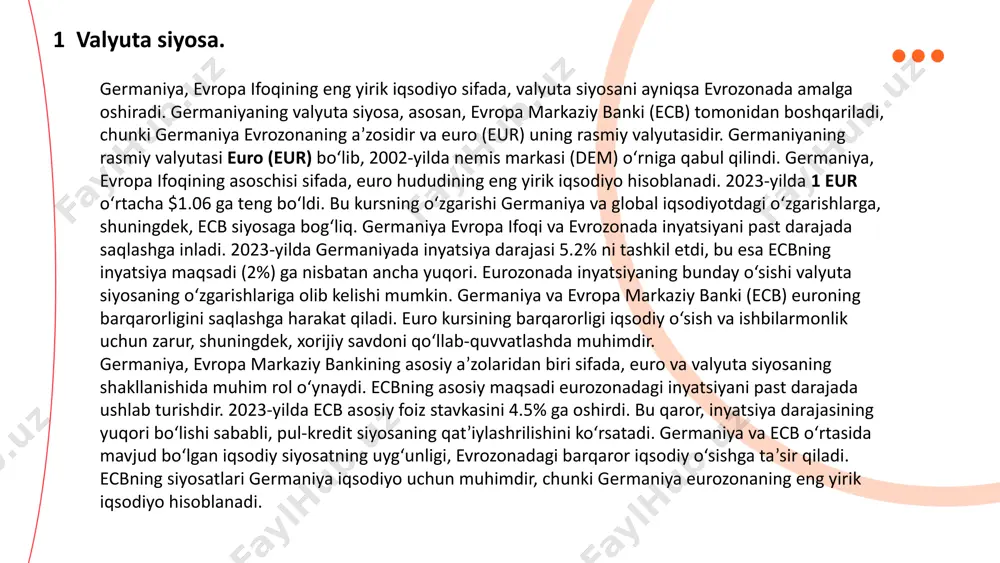 i va evropa markaziy banki inflyatsiyani boshqarish uchun turli iqtisodiy siyosatlar va foiz stavkalarini oshirishni davom ettirmoqda. 2024-yil uchun inflyatsiya prognozlari 3-4% atrofida bo‘lishi kutilmoqda. ... t.me/slaydai_bot to'lov balansi iqtisodiy faoliyatda mamlakatning xorijiy savdo, investitsiyalar va boshqa xalqaro moliyaviy operatsiyalarini ko'rsatuvchi muhim iqtisodiy ko'rsatkichdir. germaniya evropa ittifoqining eng yirik iqtisodiyoti sifatida, to'lov balansining aktiv holatida bo'lishi bilan mashhur. germaniyaning to'lov balansi, asosan eksport va import, to'g'ridan-to'g'ri xorijiy investitsiyalar, va boshqa moliyaviy oqimlar bilan bog'liq. 2023-yilning 3-choragida germaniya to'lov balansining faoliyati + 11.6 milliard evro bo'ldi. bu ko'rsatkich, asosan germaniyaning eksport hajmining ortishi va xorijiy investitsiyalar oqimining barqarorligi natijasida o'sdi. germaniya 2023-yilning yanvar-sentabr oylarida 1.5 trillion evro miqdorida eksport amalga oshirdi, import esa 1.3 trillion evroni tashkil etdi. bu savdo balansi bo'yicha germaniya 200 milliard evrodan ortiq aktivni qo‘lga kiritdi. germaniyaning xorijiy investitsiya oqimlari 2023-yilning boshidan boshlab +50 milliard evroga oshgan. germaniya iqtisodiyotiga xarici investitsiyalar asosan sanoat, texnologiyalar va energiya sektorlariga …
