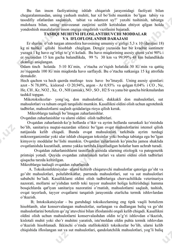 uning negizini uchta mustaqil fan tashkil qiladi. bular: mehnatni muhofaza qilish; atrof-muhitni muhofaza qilish; va fuqorolar mudofasi fanlari bo’lib, avvallari bu fanlar mustaqil o’qitilganligi sababli, har biri o’z uslubiy qo’llanmalari, darsliklari va tajriba o’tkazish hamda amaliyotdan masala va misollar to’plamlariga ega. tabiiyki bularning hammasi rus tilida nashr etilgan o’quv qurollari va darsliklaridan iborat. bu fanlarning asosini tashkil qilgan "mehnatni muhofaza qilish" fani ilgaridan o’qitilib kelingan. bu sohada texnika universiteti masshtabida adabiyotlar yaratilmagan bo’lsa ham, o’zbek tilida chiqarilgan yaxlit adabiyot bo’lmasa ham, ayrim bo’limlar o’quv qo’llanma va ma'ruzalar to’plami sifatida nashr etilgan. shuningdek atrof-muhitni muhofaza qilish bo’yicha birmuncha masalalar hal qilinganl. shuni alohida ta'kidlash lozimki, mehnatni muhofaza qilish fanining sanoat sanitariyasi bo’limi bilan atrof-muhitni muhofaza qilish fanlari o’rtasidagi uyg’unlikni qurollanmagan ko’z bilan ham ko’rish mumkin. lekin shu davrga qadar toshkent davlat texnika universitetida bu fanlar mustaqil fan sifatida faoliyat ko’rsatganligi sababli, ularni ajratib, atmosfera havosiga chiqarib yuborilayotgan zararli moddalar va changlarga …