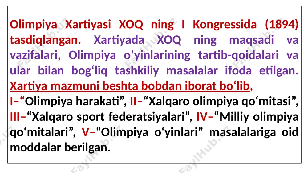 olimpiya qazilmalari to‘g‘risida bilib, do‘stlari bilan olimpiyaning avvalgi qudratini tiklashda reja tuzgan. 12 yoshlik chog‘ida u sport klubi tuzadi. bu yerda bolalar futbol, qilichbozlik va eshkak eshish bilan shug‘illangan. baron pyer de kuberten o‘z zamonasining iqtidorli, shijoatli, qiziquvchan, ajoyib insoni sifatida tarix sahifalaridan o‘rin olgan. kuberten yevropadagi eng qadimgi va eng yaxshi parij universtiteti - sorbonnani tamomlagan. tarix, pedagogika, falsafa, siyosat bilan qiziqqan. kuberten yoshligida chavandozlik, qilichbozlik va eshkak eshish sport turlari bilan shug‘ullangan. kuberten 20 yoshida qadimgi ellada madaniyati va adabiyoti tarixi bilan chuqur qiziqib, olimpiya o‘yinlarini qayta tiklash to‘g‘risida fikr bildirgan va butun hayotini mana shu maqsadini amalga oshirishga bag‘ishlagan. pyer de kuberten – 1894 yilda xoq ning bosh kotibi, 1896 yilda xoq prezidenti etib saylangan. kubertenning rahbarligida 7 ta olimpiada - ii, iii, iv, v, vii, viii yozgi olimpiya o‘yinlari va i qishki olimpiya o‘yinlari o‘tkazilgan. 1925 yilda iste’foga chiqqan va 1937 yilgacha kuberten xoq ning faxriy …