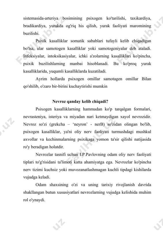 mida saqlanib qolishi, surunkasiga kechish xususiyatiga ega. psixoz nima? psixogen psixoz (reaktiv psixoz) – ruhiy jaroxatga yoki ko'ngilsiz xodisaga javoban vujudga keladigan psixotik pog'onadagi patologik jarayon. reaktiv psixozlar psixogen asab buzilgan holatlarga nisbatan qisqaroq, alomatlari og'irroq, psixomotor va effektiv buzilishlarning kuchliligi, vasvasa gallyusinasiyalar, qo'pol isterik buzilishlar bilan tavsiflanadi. reaktiv psixozlarga olib keluvchi sabablar quyidagilar hisoblanadi. hayot uchun xavfli bo'lgan vaziyat yaqin kishidan ajralib qolish, tabiiy ofat, xarbiy xolat, xibs, xizmatdagi kelishmovchilik va boshqalar. reaktiv holatlarning vujudga kelishida bosh miya holati muhim ahamiyatga ega. bu holatlar ko'pincha psixopatik shaxslarda, miya shikastlanganda, og'ir somatik kasalliklarda tezda paydo bo'ladi. o'smirlar va qariyalar ayniqsa tashqi ruhiy ta'sirotlarga chidamsiz bo'ladi. adabiyotlar 1. barkamol avlod o'zbekiston taraqqiyotining poydevorit. - 1997 yil. 2. barkamol avlod orzusi t. 2000 3. psixologiya slovar 1990 4. umumiy va tibbiy psixologiya t - 2003 5. tibbiyot psixologiyasi etikasi va deoitologiyasi asoslari t. 1997 6. www.ziyonet.uz