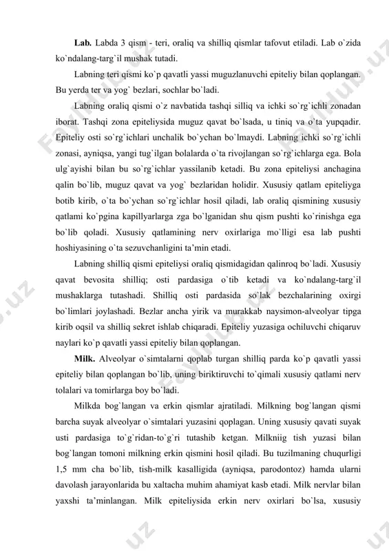 asiga to`g`ridan-to`g`ri tutashib ketgan. milkniig tish yuzasi bilan bog`langan tomoni milkning erkin qismini hosil qiladi. bu tuzilmaning chuqurligi 1,5 mm cha bo`lib, tish-milk kasalligida (ayniqsa, parodontoz) hamda ularni davolash jarayonlarida bu xaltacha muhim ahamiyat kasb etadi. milk nervlar bilan yaxshi ta’minlangan. milk epiteliysida erkin nerv oxirlari bo`lsa, xususiy biriktiruvchi to`qimada kapsulali va kapsulasiz nerv oxirlari ko`p bo`ladi. milkda mushak qatlami bo`lmaydi. lunj. lunj - mushakli a’zo bo`lib, shilliq parda bilan qoplangan, ichki yuzasi 3ta zonaga - yuqori maksillyar, pastki - mandibulyar va oraliq qismlarga bo`linadi. yuqori qismning tuzilishi labning shilliq pardasiga o`xshash bo`lib, ko`p qavatli muguzlanmaydigan epiteliy bilan qoplangan. xususiy qavatining so`rgichlari uncha katta bo`lmaydi va juda ko`p lunj bezlari tutadi. shilliq osti parda qon tomir va nervlarga boy siyrak tolali biriktiruvchi to`qimadan iborat. oraliq kismning muskul qavati lunj muskullaridan hosil bo`lib, u erda lunj so`lak bezlari yotadi. ularnnng oxirgi sekretor bo`limi aralash sekret ishlab chiqaradi. bundan tashqari, alohida shilliq …