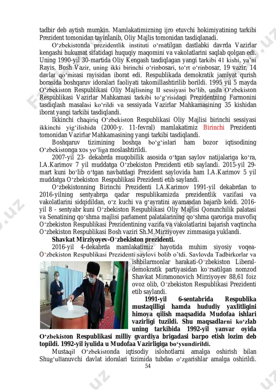 vakil faoliyatini tahlili shuni ko‘rsatadiki, o‘zbekistonda huquqiy, insonparvarlik, demokratik va fuqarolik jamiyat qurilishi uchun mustahkam poydevor qo‘yildi oliy majlis «o‘zbekiston respublikasining konstitutsiyaviy sudi to‘g‘risida», «o‘zbekiston respublikasining davlat xavfsizligi to‘g‘risida», «o‘zbekiston tashqi siyosiy faoliyatining asosiy prinsiplari to‘g‘risida», «fuqarolarning huquqlari vaerkinliklarini buzadigan xatti-harakatlar va qarorlar ustidan sudga shikoyat qilish to‘g‘risida», «siyosiy partiyalar to‘g‘risida» qonunlarni, mehnat kodeksi (1995), «fuqarolik kodeksi»ning (1996) (birinchi va ikkinchi qismlari) kabi ko‘plab qonunlar va qarorlar qabul qildi. 1999-yil 5- va 19-dekabr kunlari o‘zbekiston respublikasi ikkinchi chaqiriq oliy majlisiga saylovlar bo‘lib, saylangan deputatlardan o‘zbekiston parlamentining yangi tarkibi shakllandi. ikkinchi chaqiriq o‘zbekiston respublikasi oliy majlisi ikkinchi sessiyasi o‘zbekiston respublikasi birinchi prezidenti islom karimovning ikkinchi chaqiriq oliy majlis birinchi sessiyasidagi ma’ruzasidan kelib chiqadigan «2000-2002- yillarga mo‘ljallangan qonunchilik va nazorat faoliyatining ustivorlik jihatlari to‘g‘risida»gi hujjatni tasdiqladi. ikkinchi chaqiriq o‘zbekiston respublikasi oliy majlisining iv-sessiyasida (2000-yil 14-dekabr) oliy majlisning o‘zbekiston xalqiga murojaaatida: «yangi asr mamlakat uchun yangilanish va taraqqiyot davriga aylanishiga ishonamiz. shu boisdan …