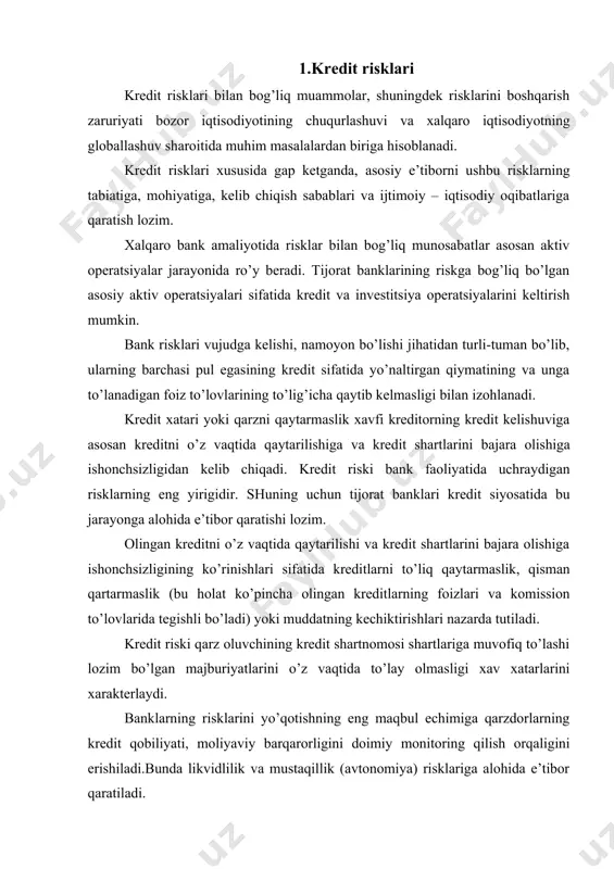 barqarorligini doimiy monitoring qilish orqaligini erishiladi.bunda likvidlilik va mustaqillik (avtonomiya) risklariga alohida e’tibor qaratiladi. kredit riski kredit oluvchining qarzdorlikni so’ndirishi yuzasidan imkoniyatsizligi, pul oqimini to’g’ri shakllantira olmasligi, moliyaviy qiyinchiliklar, rahbar va korxona egalarining ishchanlik reputatsiyasining pastligi yoki kriminal xissiyotlarining ustunligi bilan yuzaga keladi shu bilan birga davlat organlari va ayrim shaxslarninng bosimi tufayli ham ushbu risklarga boriladi. kredit rislarining yuqoriligiga xodimlar malakasining pastligi, jamoadagi ijtimoiy keskinlik, poraxo’rlik holatlari ham kuchli tasir etadi. kredit risklarini baholash birinchi navbatda potensial qarz oluvchilar bilan tanishuvdan boshlanadi. bunda mijozning reputatsiyasi, tadbirkorlik, ishlab chiqarish, marketing va moliyaviy boshqaruvdagi kobilyatiga baho beriladi. kredit taklifining qanchalik yaxshi tayyorganligi, uning iktisodiy, ijtimoiy, ekologi jixatdan qanchalik maqsadga muvofiq ekanligi, kreditning maqsadligi va uning bank, qarz oluvchi, alohida ijtimoiy qatlamlar, tarmoq, xudud uchun ahamiyatli ekanligiga muhim e’tibor qaratish zarur. ijobiy baholash kredit mahsulotlari yuzasidan muhim qarorlar qabul qilishning o’tish imkonini beradi. bu jarayon bevosita mijozning kreditga layoqatligini, moliyaviy ahvolini va …