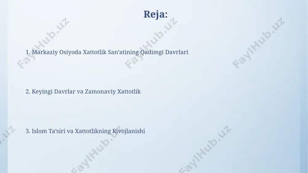 rlardagi gotik shriftlarning rivojlanishiga, ayniqsa, katta harflarning bezakli uslubiga sezilarli ta’siri kuzatilgan. miniatyura va xattotlikning uygunligi ba'zi miniatyuralarda, masalan, "khamsa" qo'lyozmalarida, 20-30 mm balandlikdagi katta hajmdagi nastaliq xati sarlavhalar va muhim qismlarni ajratib ko'rsatish uchun ishlatilgan. 17-asr miniatyuralarida, ayniqsa, "boburnoma" nusxalarida, tezkor xat (shikasta) qo'shimcha izohlar va shoirlarning she'rlari uchun ishlatilgani kuzatiladi, bu esa asarlarga dinamiklik bag'ishlaydi. zamonaviy davrda xattotlik san’atining holati xattotlikning klassik nastaliq, naskh kabi uslublari bilan bir qatorda, zamonaviy kompyuter texnologiyalari yordamida raqamli xattotlik ham rivojlanmoqda, yangi dizayn imkoniyatlarini ochmoqda. zamonaviy o'zbekistonda 10 dan ortiq xattotlik maktablari faoliyat ko'rsatib, yuzlab shogirdlarga an'anaviy va zamonaviy uslublarda yozuv san'atini o'rgatyapti. e'tiboringiz uchun rahmat @taqdimot_robot image4.png image5.jpg image6.jpg image7.jpg image8.jpg image9.jpg image10.jpg image11.jpg image3.jpeg