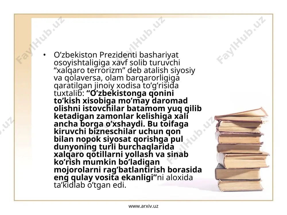 xolda bartaraf etish borasida zudlik bilan aniq chora – tadbir ishlab chiqilishi lozimligini qayta-qayta ta’kidladi. www.arxiv.uz www.arxiv.uz o’zbekistonning turli qit’alardagi davlatlar bilan o’zaro manfaatli aloqalari yo’lga qo’yilganligi, nufuzli xalqaro tashkilotlar bilan samarali xamkorlik kilyotgani, davlatimiz raxbari i. karimovning dolzarb xalqaro muammolarni xal etish borasidagi tashabbuslari jaxondagi katta siyosatchilar tomonidan qo’llab quvvatlandi. o’zbekiston 1992 yil 2 martda bmtga a’zo bo’ldi. mamlakatimiz prezidenti i. karimov bmt bosh assambleyasi 48 va 50-sessiyalarida so’zlagan nutqlari jaxon xalqi ommasining e’tiborini qozondi,. mamlakatimiz obru-e’tiborini oshirdi. www.arxiv.uz www.arxiv.uz o’zbekistonning mintaqaviy mojorolarni tinch yo’l bilan xal qilish, afgonistondagi urushga barxam berish, markaziy osiyoni yadro qurolidan xali xudud deb e’lon qilish kabi tashabbuslari xalqaro jamoatchiliq tomonidan to’la qo’llab-quvvatlandi. ayniksa, afgonistondagi mojaroni tinch yo’l bilan xal etishga kumaklashish maqsadida tuzulgan 6+2 guruxi, bu guruxning toshkentda bo’lib o’tgan uchrashuvi va unda qabul qilingan dekloratsiya katta e’tiborga molik bo’ldi. mazkur dekloratsiya bmt tomonidan rasmiy xujjat sifatida tarqatildi va bu nufuzli xalqaro tashkilotning …