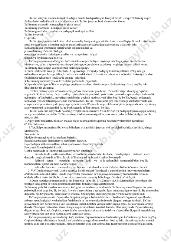 asida teskari aloqa ham mavjud: ta’lim va o‘qish organizmning etilishiga ham ma’lum ma’noda ta’sir ko‘rsatadi. insonda bir necha o‘rganish turlari mavjud.ulardan birinchisi markaziy nerv sistemasi rivojlangan hayvonlarda ham mavjud. bu – imprinting mexanizmi bo‘yicha o‘rganish, ya’ni tez, avtomatik ravishda o‘rganishdir. masalan, o‘rdakchalar tug‘ilishi bilan ona o‘rdakning yurishini ko‘rib orqasidan ergashib yura boshlaydi. chaqaloqlarda so‘rish reflekslari mavjud bo‘ladi. i.p.pavlov davridan beri xulq-atvorning bunday shakllari shartsiz reflekslar deb atalgan, ularni ko‘proq “instinkt” deb atash to‘g‘riroq bo‘lur edi. o‘rganishning ikkinchi turi - shartli reflektor o‘rganishdir. bu bo‘yicha ham tadqiqotlarni dastlab i.p.pavlov olib borgan. o‘rganishning bu turi dastlabki neytral qo‘zg‘atuvchiga shartli reaksiyalar sifatida xulq-atvorning yangi shakllari vujudga kelishini nazarda tutadi. organizmning shartli reflektor reaksiyalarini tug‘diradigan stimullar qabul qilinishi lozim. masalan, “limon” so‘zini aytishimiz bilan ko‘z oldimizga sariq rangli, nordon ta’mli meva keladi. o‘rganishning uchinchi turi operant o‘rganishdir. bunday o‘rganish turida bilim, ko‘nikma va malakalar sinab ko‘rish va xato qilish metodi orqali o‘rganiladi.individ duch keladigan …