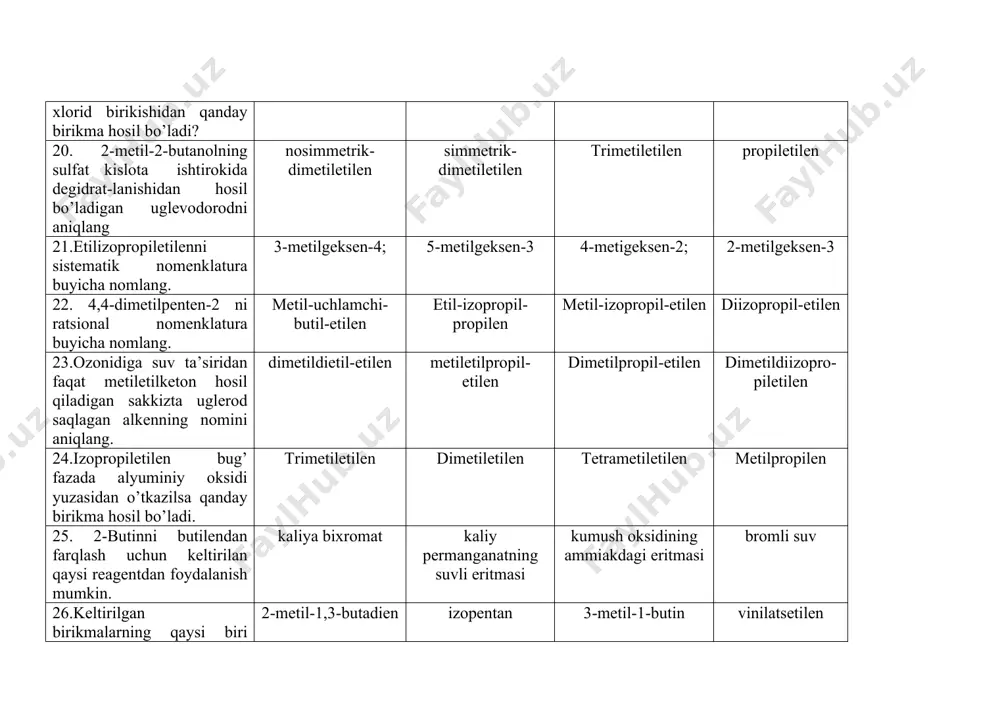 osil bo’ladigan oraliq mahsulotlarni aniqlang atsetaldegid; 3-gidroksibutanal; 1,3-butandiol; sirka aldegid; butandial; 1,4-butandiol sirka kislota; atsetilen; etilen; atsetilen 40.germaniyada 1,3-butadien olishning qaysi sanoat usulidan foydalaniladi lebedev: etil spirtidan favorskiy: atseton va atsetilendan reppe: glikollardan prints: izobutilen va formaldegidan 41.adipin kislotaning kaltsiyli tuzi quruq xaydalganda qanday birikma hosil bo’ladi? tsiklobutan tsiklopentanon tsiklopentan tsiklopropan 42.alitsiklik uglevodorodlar uchun qanday turdagi reaktsiyalar xos? zanjirning kengayishi, torayishi, ochilishi o’rin olish, almashinish, birikish, nitrolash, sulfolash, xlorlash, zanjirning uzayishi oksidlash, galogenlash, zanjirning qisqarishi 43.necha a’zoli alitsiklik birikmalar barqaror bo’ladi? uch to’rt besh ikki 44.sakkizta uglerod va o’nta vodorodli tarkibga ega bo’lgan aromatik uglevodorodda necha izomer bor? 5 3 2 4 45.vinilbenzolning texnik nomi aniqlang benziletilen stirol feniletan feniletilen n-butilbenzol oksidlanganda qanday birikma hosil bo’ladi? m-metilbenzoy kislota fenilmoy kislota benzoy kislota n-propilbenzoy kislota 46.molekulasida beshta uglerod, ettita vodorod va bitta xlor atomlari saqlagan galoid-tsikloalken qator uglevodorodlarning izomerlarini sonini aniqlang 8 6 7 5 47.gidrolizlanganda metiletil-keton hosil kiladigan to’rtta uglerod, …