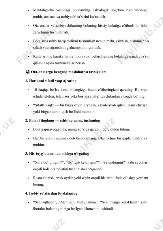 ik qiling · tarbiyachi bolaning kundalik holatini kuzatadi. u bilan maslahatlashish, fikr almashish bolaning rivojlanishiga ijobiy ta’sir qiladi. /docprops/thumbnail.emf mavzu: maktabgacha yoshdagi bolalarni psixologik sogʻlomlik sirlari. senariy nomi: "bolalarning baxti — sogʻlom psixika" asosiy gʻoya: maktabgacha yoshdagi bolalarning psixologik sogʻlom o‘sishi uchun muhit, ota- ona va tarbiyachilarning roli muhimdir. senariy orqali bolalarning hissiy dunyosi, ularning ruhiy holatini mustahkamlash yo‘llari ko‘rsatiladi. personajlar:  bahrom aka – mehribon, lekin ko‘p band ota.  zarina opa – sabrli va bilimli ona.  dildora – 5 yoshli qizaloq.  mtt tarbiyachisi – psixologik savodxon tarbiyachi.  ichki ovoz (psixolog) – bolalarning ichki holatini tushuntiruvchi hikoyachi. 1-sahna: oiladagi tong (bahrom aka telefoniga tikilgan, zarina opa nonushta tayyorlamoqda. dildora qo‘g‘irchoq bilan o‘ynab yuribdi.) dildora: dada, keling o‘yin o‘ynaymiz! bahrom aka: (telefoniga qarab) hozir emas qizim, ishlarim ko‘p... ichki ovoz: (tinch, lekin chuqur ohangda) har bir rad javobi bolaga signal beradi: "men muhim emasman". keling, bir daqiqa …