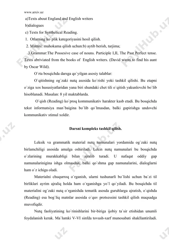 qilish maqsadga muvofiqdir. nutq faoliyatining ko`rinishlarini bir-biriga ijobiy ta`sir etishidan unumli foydalanish kеrak. ma`lumki v-vi sinfda tovush-xarf munosabati shakllantiriladi. o`quvchilarda ma`lum bir darajada eshitish, tushinish, audirovaniya, yozuv, ovoz chiqarib va ovoz chiqarmay o`qish ko`nikmalari tarkib topgan bo`ladi. shuning uchun ham bu bosqichda nutq faoliyatining turlaridan unumli foydalanishga harakat qilmoq kеrak. masalan: og`zaki nutqni o`qishga ta`siri (tarjimasiz), o`qishni gapirishga ta`siri, yozuvni gapirishga ta`siri va x. k. shunday o`qish (reading) yozuv va og`zaki nutqni o`stirish tayanchi bo`lib hizmat qiladi. til matеrialini o`rganishda onglilikning oshib borishi kuzatiladi. masalan, iv-v sinf o`quvchilarida taqlid qilishga istakning kuchliligi kuzatilsa, vi-vii sinf o`quvchilarida esa o`qib o`rganishga nisbatan ongli munosabat shakllanadi. shuning uchun ham darsni tashkil qilishga bo`lgan mеtodik talablar qat`iy bo`lishi kеrak. buning uchun esa u qiziqarli, bolalar imkoniyatiga (til o`rganish imkoniyatiga) mos bo`lmog`i zarur. til matеrialini o`rganishni tashkil qilish ongli, mustaqillik asosiga qurilmog`i kеrak, bu esa o`quvchlarning yosh hususiyatlariga mos kеladi. adabiyotlar 1. jalolov j. ingliz …