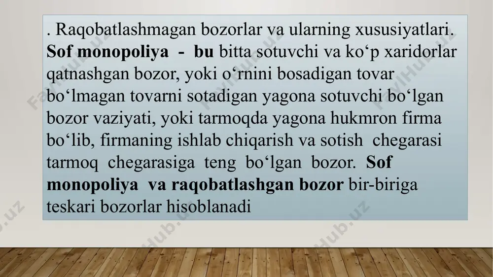 lar va turli elektr asboblaridan iborat bo’ladi. bu yerdagi raqobat sifat va xizmat ko’rsatishni yaxshilash vositasida boradi.biroq narxda peshqadamlik qoidasiga ham amal qiladi. oligopoliya raqobatiga misol qilib ”ford”, “kraysler”, “toyota”, “xonda”, “nissan”, “pejo”, “opel”kabi yirik kompaniyalarni avtomobil bozoridagi kurashini ko’rsatish mumkin. oligopoliya sharoitida zo’rlar zo’rlar bilan raqobatlashadi, chunki bu yerga boshqalarning kirib kelishi g’oyata mushkul. oligopoliya bozoriga kirib borish yo’lida 3 ta jiddiy to’siq bo’ladi: 1. bu yerga kirib kelish uchun katta kapital egasi bo’lish kerak, bu esa ko’pchilikda bo’lmaydi. 2. tabiiy resurslar ayrim kompaniyalar qo’lida mulk sifatida to’planib qolganidan, ular o’zgalarga nasib etmaydi. 3. ilmiy texnikaviy yangiliklar ayrim kompaniyalar monopoliyasiga aylanib qoladi, shu sababli ulardan boshqalar foydalana olmaydi.masalan, avtomobil kompaniyalari o’z texnik yangiliklarini sir tutib boshqalarga bermaydi. oligopoliyada bir tomondan firmalar bitimga kelishsa, ikkinchi tomondan raqobatlashadi. ular kelishgan holda ishlab chiqarish hajmini qisqartirish yoki va yuqori narx o’rnatishga intiladilar. oligopoliya tabiatining ikkiyoqlamaligini duopoliya ko’rsatadi. duopoliya – ikki firma hukmronligi …