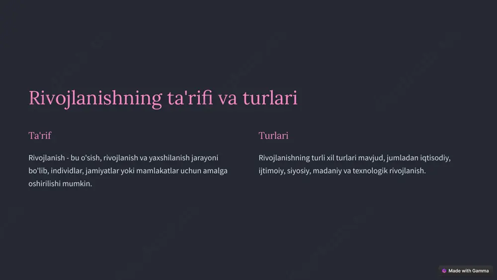arning umrini uzaytirish, mehnat unumdorligini oshirish va iqtisodiy rivojlanishni rag'batlantirishga yordam beradi. infrastruktura sifatli infratuzilma iqtisodiy rivojlanishni, savdo va transportni yaxshilashga va aholining turmush sifatini oshirishga yordam beradi. tinchlik tinchlik rivojlanish uchun zarur bo'lib, resurslarni saqlab qolish, iqtisodiy o'sishni rag'batlantirish va odamlarning turmush sifatini yaxshilashga imkon beradi. 5 rivojlanishga yordam beradigan xalqaro tashkilotlar 1 bmt birlashgan millatlar tashkiloti (bmt) rivojlanishga yordam berish uchun turli dasturlarni amalga oshiradi, qashshoqlikni kamaytirish, ta'lim va sog'liqni saqlashni yaxshilashga qaratilgan. 2 jahon banki jahon banki rivojlanayotgan mamlakatlarga iqtisodiy yordam va kreditlar beradi, infratuzilmani rivojlantirishga, ta'lim va sog'liqni saqlashni yaxshilashga yordam beradi. 3 yevropa ittifoqi yevropa ittifoqi rivojlanayotgan mamlakatlarga iqtisodiy va texnik yordam beradi, demokratiyani rivojlantirish, inson huquqlarini himoya qilish va savdo aloqalarini mustahkamlashga qaratilgan. 6 rivojlanishning muhim jihatlari inson kapitali inson kapitali odamlarning bilimi, mahorati va sog'lig'ini o'z ichiga oladi, bu rivojlanish uchun muhim omildir. iqtisodiy o'sish iqtisodiy o'sish milliy daromadning oshishi, ish o'rinlarining ko'payishi …