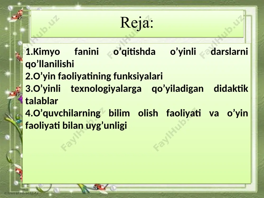 lashish b) davomatni aniqlash c) kimyo soxasiga oid yangiliklar bilan tanishish va talabalarning darsga tayyorlik darajasini ko`zdan kechirish. ii. o’tilgan mavzuni mustahkamlash (7 daqiqa). o’tilgan mavzu: fosforli o`gitlarning olinishi va kimyoviy xossalariga oid tajribalar (2-ilova). ii. asosiy qism: (55-60 daqiqa) yangi mavzu: uglerod va uning birikmalari mavzu rejasi proektor orqali ekranda ko’rsatiladi. reja: yog`ochni quruq haydash orqali uglerod (ii) oksidning olinishi. ko`mirning adsorbilash xossasi. uglerodning qaytaruvchilik xossasi. karbonat kislota tuzlarining hosil bo`lishi. kichik guruhlar laboratoriya mashg’ulotini bajarilish tartibi bilan tanishib olgach, tajribalarni bajarishdan avval ularni amalga oshirish tartiblari animasion va video lavha ko’rinishlari namoyish etiladi (3-ilova). guruhlar tajribalarni qanday bajarilishini ko’rib olgach, laboratoriya mashg’ulotining bajarilishi bo’yicha uslubiy ko’rsatmadan foydalangan holda ishini o’rganib chiqadilar. laboratoriya ishini bajarishga tayyor bo’lgan guruhlar avval tajribalarni bajarish tartibini nazariy aytib berishadi. guruhlarning tayyorligiga ishonch hosil bo’lganidan so’ng ularga tajribalarni bajarishga ruhsat beriladi. guruhlar tajribalarni tartib bilan bajarib xulosalarini daftarlariga yozib borishadi. ushbu jarayonda o’qituvchi laborant …