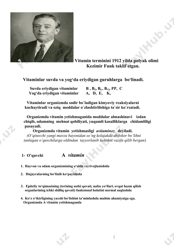 salligi b 12 vitanim d) raxit kasalligi c vitanim e) beri-beri kasalligi d vitanim f ) kamqonlik kasalligi tezkor savollarga tezkor javoblar…. 1. odam tanasidagi eng katta bez? 2. yogda eriydigan vitaminlar qaysi? 3. qon aylanish sistemasining markaziy organi? 4. qaysi vitamin yetishmasa beri-beri kasallik yuzaga keladi? 5. mineral tuzlar deposi? 6.quyosh nuri ta’sirida sintezlanadigan vitam. 7. odam tanasida necha litr qon bor? 8. o’pkaning tirklik sig’imi nechaga teng? 9. vitaminlarni o’rganishga kim asos solgan? 10. organizmda vitaminlarning butunlay yo’qolib ketishi nima deyiladi? v.yakunlash: darsni yakunlab o’quvchilar ballarini e’lon qilish. vi. uyga vazifa: ‘‘vitaminlar va ularning ahamiyati’’ mavzusini o’qish va mavzu oxiridagi o’ylab javob bering savollariga javob yozish. image2.png image3.jpeg image4.jpeg image5.jpeg image6.jpeg image7.jpeg image8.jpeg image9.jpeg image10.jpeg image11.jpeg image12.jpeg image13.jpeg image14.jpeg image15.jpeg image16.png image17.png image18.png image19.png image1.jpeg