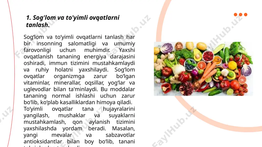 rni iste'mol qilish, shuningdek, ovqat hazm qilish tizimining samarali ishlashini ta'minlaydi. kichik ovqatlar hazm qilishni osonlashtiradi va ichaklarni ortiqcha yuklamasdan yaxshi ishlashini qo‘llab-quvvatlaydi. bundan tashqari, bu yondashuv energiya va ovqatni yaxshi muvozanatlash orqali kayfiyatni barqarorlashtiradi va kundalik stressni kamaytiradi. ... t.me/slaydai_bot kichik porsiyalar bilan ovqatlanish, shuningdek, hazm qilish jarayonini yaxshilaydi. kichik va tez-tez ovqatlar oshqozon va ichaklarga ortiqcha yuk bermasdan oziq-ovqatni yaxshiroq singdirishga yordam beradi. bu usul oshqozonning sog‘lom ishlashini qo‘llab-quvvatlaydi va hazm qilish tizimining samarali ishlashini ta'minlaydi. muntazam ovqatlanish oshqozonning doimiy ravishda oziq-ovqat bilan ta'minlanishiga yordam beradi, bu esa ortiqcha ovqat iste'mol qilishni kamaytiradi. bundan tashqari, kichik porsiyalar bilan ovqatlanish tana vaznini nazorat qilishda ham yordam beradi. kichik va muvozanatli porsiyalar qabul qilish ishtahani nazorat qilishga yordam beradi va kaloriyalarni haddan tashqari iste'mol qilishni oldini oladi. bu usul yog‘lar va ortiqcha og‘irlikni kamaytirishga, sog‘lom vaznni saqlashga yordam beradi. kichik porsiyalarni tanlash, shuningdek, ovqatdan to‘g‘ri va samarali foydalanishga yordam beradi, …