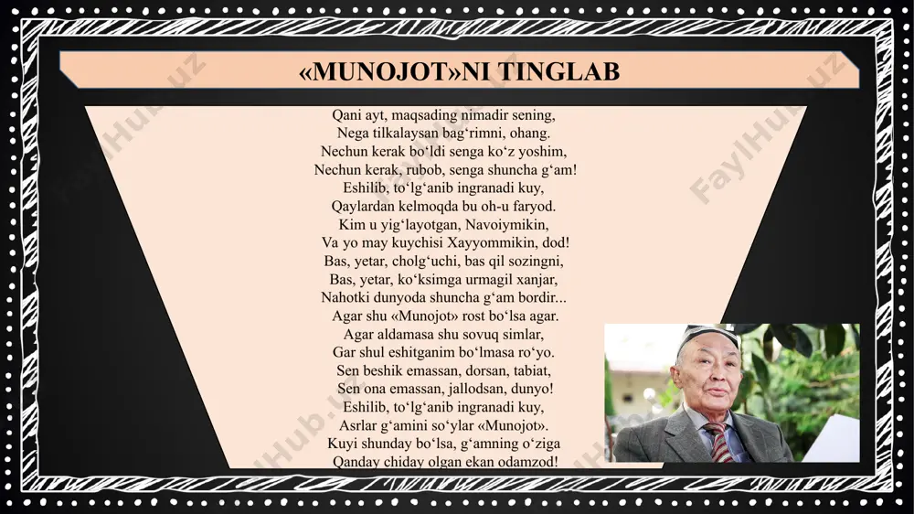 y, qo‘shiq va she’r hamisha inson dardi, qalb holatining in’ikosi tarzida dunyoga keladi. «munojot»ni tinglab» shulardan biriga juda yaxshi misol bo‘ladi. yurtim shamoli yo‘llarda yildirim misoli yeldim, ellar vodiysiga boshladi havas. elvagay hisorning boshiga keldim, sen esding – taraldi siym tanda atlas, sen esding – ochildi yorning jamoli, o, yurtim shamoli, yurtim shamoli. men-ku, bu dunyoda bir zori visol, karbalo dashtida majnun sifatman. shamollar ichida men ham bir shamol, chechaklar atridan men ham sarmastman. lekin sen ruhimning mangu xayoli, o, yurtim shamoli, yurtim shamoli. qancha shamollarga yuzimni burdim, ulardan esdilar turfa xil nafas. ularda goh qayg‘u, goh shodlik ko‘rdim, to‘xtamay o‘tdilar bari ham birpas. faqat qayg‘ulardan sen o‘zing xoli, o, yurtim shamoli, yurtim shamoli. shamollar esgandir ushbu dunyoda, shamollar goh quyun, gohida dovul. ular goh oshkora, goho ro‘yoda qancha bo‘stonlarni sovurgan butkul. lekin sen bo‘lmagin bog‘lar zavoli, o, yurtim shamoli, yurtim shamoli. esgin-ey bog‘larning jamoli kulsin, moviy nafas bilan to‘lsin …