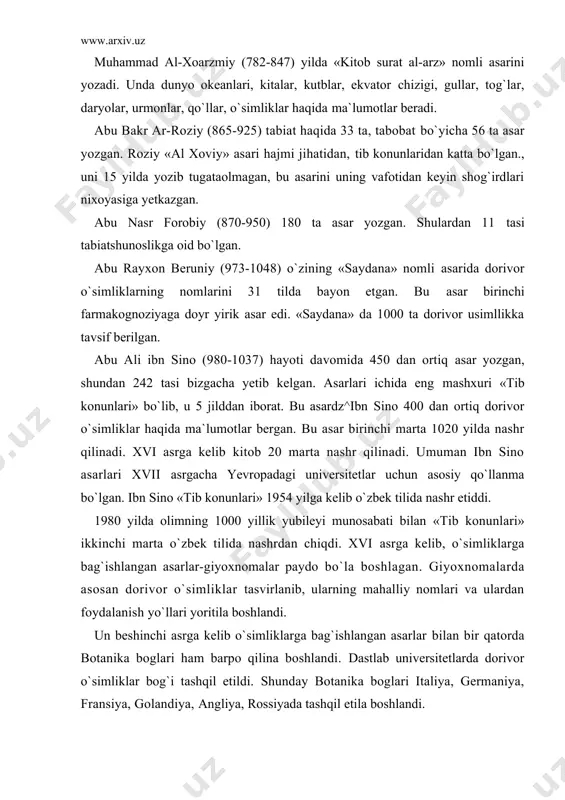 ydo bo`la boshlagan. giyoxnomalarda asosan dorivor o`simliklar tasvirlanib, ularning mahalliy nomlari va ulardan foydalanish yo`llari yoritila boshlandi. un beshinchi asrga kelib o`simliklarga bag`ishlangan asarlar bilan bir qatorda botanika boglari ham barpo qilina boshlandi. dastlab universitetlarda dorivor o`simliklar bog`i tashqil etildi. shunday botanika boglari italiya, germaniya, fransiya, golandiya, angliya, rossiyada tashqil etila boshlandi. petr i ning farmoni bilan moskvada 1706 yilda dorivor o`simliklar kolleksiyasi tashqil qilinadi. 1805 yilda u botanika bog`iga aylantirildi 1914 yilda sankt-peterburgda dorivor o`simliklar kolleksiyasi tashqil etilib, keyinchalik botanika bog`iga aylantiriladi. o`zbyokiston fanlar akademiyasining botanika bog`i 1921 yilda barpo etiladi. dastlabki ilmiy tizimga(sistemaga) italiyalik botanir-vrach a.sezalo`psh (1519-1603) asos soladi. u 1000 tur o`simlikni aniqlab, uni fanga kiritgan. uning «o`simliklar haqida»(1583), asarida butun usimiklar dunyosini 2 ta bo`limga: !) daraxt va buta, 2) yarim buta va o`tlarga ajratadi. bu bilimlarni meva to`zilishi va ulardagi uyacha hamda urug`larga qarab 15 ta sinfga bo`ladi. a.sezalo`shn x -sinfga gavzabondoshlar va yalpizdoshlar (labguldoshlar) …