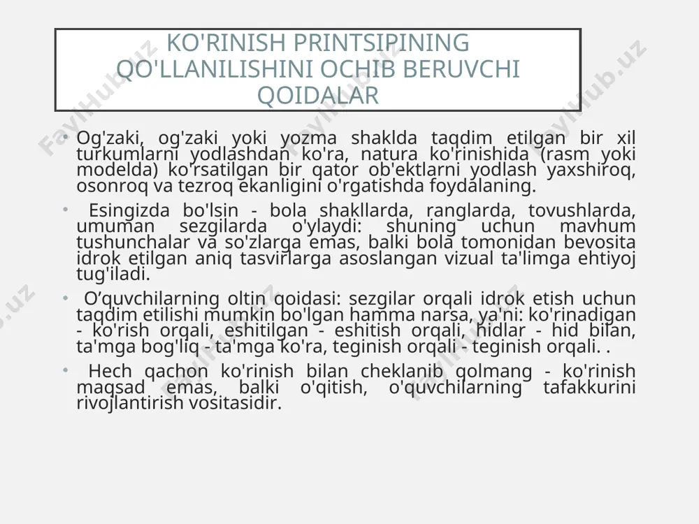an ikki tomonlama toza so'zlarni tahlil qilish va tahlil qilish bilan boshlash mumkin. bu mimik, jest, dramatizatsiya, diksiyon, o'qishning ifodasi, vositachilik yoki til ko'rinishi. dinamik ravshanlik yig'ma jadvallar, shartli chizmalar-sxemalar, grammatik-imlo domino, jumboqlar va boshqalar birgalikda aniqlik birgalikda ravshanlik vositalaridan qo'g'irchoq teatri bilan ishlashga alohida e'tibor berilishi kerak, uning yordamida dastlabki sinflarda asarlarning sahnalari namoyish etiladi. qo'g'irchoq teatri kabi ravshanlik bilan ishlash mavzuga (rus tili, o'qish, og'zaki nutqni rivojlantirish) qiziqishni shakllantirish va oshirishga yordam beradi va bolalarda ijobiy his-tuyg'ularga sabab bo'ladi, o'rganishga ijobiy turtki beradi. o'qituvchi har doim o'quvchilarning bilim va ko'nikmalarini ongli ravishda o'rganish uchun zarur bo'lgan darajada ob'ekt va hodisalarning jonli tasvirlariga tayanadigan darajada ingl. aqlan zaif o'quvchilarning xususiyatlarini hisobga olgan holda (umumlashtirish va tarqatish jarayonlarini buzish, mavzuning asosiy xususiyatlarini ajratishdagi qiyinchiliklar, kuzatilgan lingvistik vositalarni tavsiflash uchun zarur bo'lgan nutqda yo'qligi), vizual qo'llanmalar ob'ektning o'ziga xos xususiyatlariga ega bo'lishi kerak va aniq va tushunarli yozuvlar bilan idrok qilish …