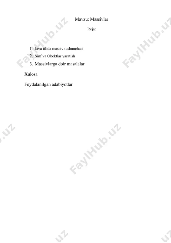 t n; static int[] malumotlarni_kiritish() { scanner scan = new scanner(system.in); n = scan.nextint(); a = new int[n]; for (int i = 0; i < n; i++) { a[i] = scan.nextint(); } return a; } public static void main(string[] args) { matritsa mat = new matritsa(); system.out.println(mat.katta_elemet(malumotlarni_kiritish())); system.out.println(mat.kichik_elemet(malumotlarni_kiritish())); system.out.println(mat.juft_elemetlar(malumotlarni_kiritish())); system.out.println(mat.toq_elemetlar(malumotlarni_kiritish())); } } xulosa ushbu sinf ikkita x,y maydonlarga va bitta metodga ega. x maydon butun tipli va y maydon haqiqiy tiplidir. set(int x1,double y1) metodi qiymat qaytarmaydigan parametrli metod, uning vazifasi sinfdagi maydonlarga qiymat beradi. shuni ta’kidlash lozimki, sinfni tavsiflash obekt yaratishga olib kelmaydi. boshqa so’z bilan aytganda sinfni tavsiflaydigan kod faqat shablondir. keyinchalik u bo’yicha obekt yaratish yoki yaratmaslik ham mimkindir. mazkur xolda myclass sinfining obektlarini yaratish bo’yicha buyuriqlar quyidagicha amalga oshiriladi: myclass obj; //obektni elon qilish; obj=new myclass(); //obekt yaratish yoki: myclass obj=new myclass();//obekt yaratish oxirgi xolatda ikki buyur birlashtirilgan: obektning o’zgaruvchan miqdorini elon qilish va obektni yaratish. …