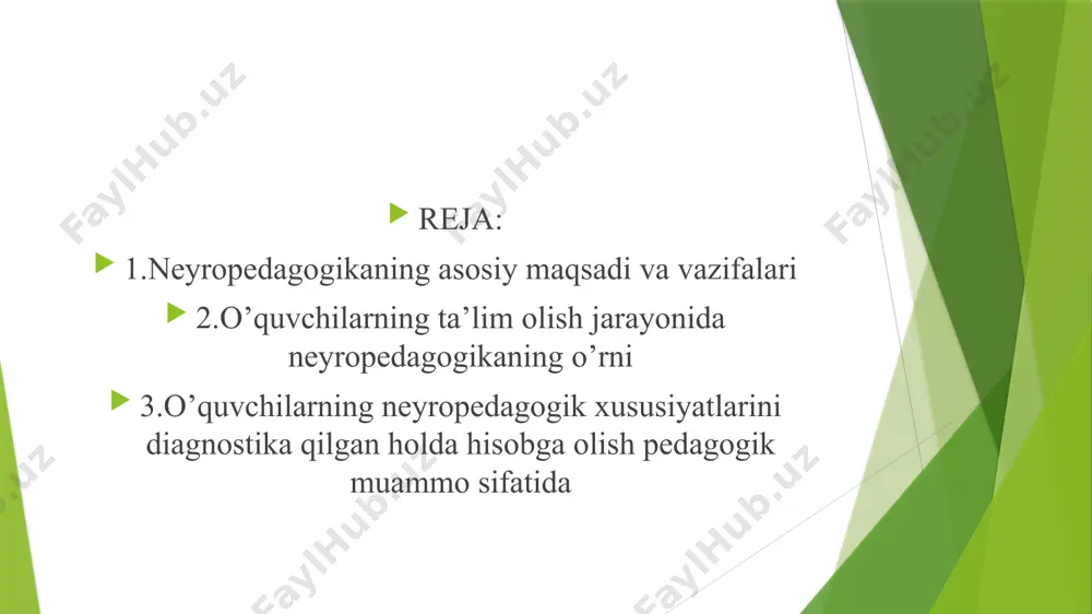 shni tushunishga yordam beradi. miya va o'qitish usullarini uyg'unlashtirish: o'qitish va ta'lim jarayonini miya faoliyati asosida samarali tashkil etish uchun ilmiy asoslangan usullarni ishlab chiqish.o'quvchilarni individual rivojlantirish: har bir o'quvchining neyrolojik xususiyatlarini va rivojlanish darajasini hisobga olib, o'qitishni shaxsiylashtirish va har bir o'quvchining ehtiyojlariga moslashtirish. sinaptik plastisizm va miya rivojlanishini qo'llab-quvvatlash: o'quvchilarning kognitiv va intellektual rivojlanishini rag'batlantirish uchun miya plastisizmi (neuroplasticity) jarayonlarini rivojlantirish. neyropedagogikaning asosiy vazifalari ta'lim jarayonida stress va emotsional holatlarni boshqarish: o'quvchilarning psixologik va emotsional holatini inobatga olib, ta'lim jarayonida stressni kamaytirish va samarali o'qitishni ta'minlash. neyropsixologik va pedagogik metodlarni ishlab chiqish: o'qitish samaradorligini oshirish uchun miya faoliyati va psixologik xususiyatlarga asoslangan pedagogik metod va yondashuvlarni yaratish. o'qituvchilarga neyropedagogik bilimlarni oshirish: o'qituvchilarga miya faoliyatini, o'quvchilarning psixologik xususiyatlarini va neyroloji jarayonlarni tushunishga yordam beradigan usullar va bilimlarni yetkazish. o'quvchilarni miya faoliyatini rivojlantiruvchi mashqlar bilan ta'minlash: o'quvchilarning aqliy faoliyatini oshirish, xotira va diqqatni yaxshilash, shuningdek, kognitiv va ijodiy qobiliyatlarini rivojlantirish …