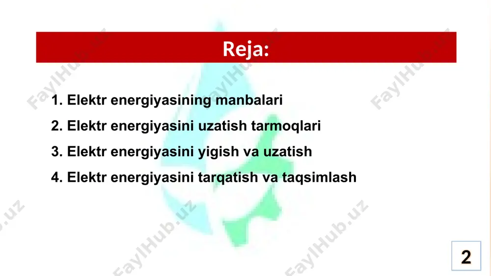 . elektr ta’minoni 7 gidro elektr stansiyalar (ges) respublikamizdagi 46 ta ges mavjud bolib ular , ikki turga dolinadi: suv to‘g‘onili – chorvoq, xojakent kabilar. oqar suvli – chirchiq, toshkent, borijar kabilar. elektr ta’minoni 8 respublikamizdagi yirik ges lar elektr ta’minoni № nomlanishi quvvati, mvt manzili, viloyat daryo 1 chorvoq gesi 666 toshkent chirchiq 2 xo‘jakent 165 toshkent chirchiq 3 тuyamo‘yun 150 хоrazim аmudaryo 4 аndijon 140 аndijon qoradaryo 5 farxod 126 sirdaryo sirdaryo 6 gazalkent 120 toshkent chirchiq 9 respublikamizda yangidan qyrilgan ges lar elektr ta’minoni № nomlanishi quvvati, mvt manzili, viloyat daryo 1 pskom gesi 404 toshkent pskom 2 quyi chotqol gesi 76 toshkent chotqol 3 zarchob - 2 gesi 38,2 surxandaryo to‘palang 4 zarchob - 1 gesi 37,4 surxandaryo to‘palang 5 qamchiq gesi 26,5 namangan ohangaron 6 sardoba gesi 10,7 sirdaryo sardoba suv ombori 7 kamolot gesi 8,16 тoshkent chirchiq kanali 10 chorvoq ges lar kaskadi elektr …