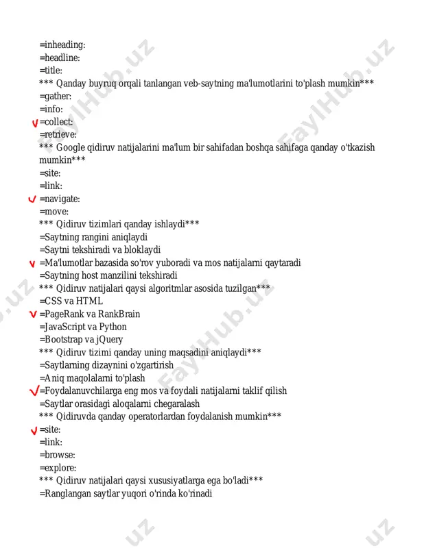 i mumkin*** =faqat matematikada =faqat til o'rganishda =barcha ta'lim sohalarida =faqat tabiiy fanlarda *** learningapps platformasida qaysi turdagi mashqlar mavjud*** =faqat matn asosidagi testlar =faqat rasm chizish mashqlari =turli xil, jumladan, matn, rasm, audio, video asosidagi mashqlar =faqat audio yozuvlar *** learningapps da yangi hisob qaydnomasini (account) qanday ochish mumkin*** =do'konidan dasturni sotib olish orqali =e-mail orqali taklifnoma yuborish orqali =internet orqali, platformaning rasmiy veb-saytida ro'yxatdan o'tish orqali =telefon orqali qo'ng'iroq qilib *** learningapps'da mavjud shablonlardan qanday foydalanish mumkin*** =ularni faqat namuna sifatida ko'rish =ularni o'z mashqlaringiz uchun asos sifatida tanlash va tahrirlash =shablonlarni faqat chiqish materiali sifatida chop etish =shablonlarni boshqalarga yuborish *** mashqlarni qanday qilib o'quvchilarga tayinlash mumkin*** =ularni qog'ozda chop etib =har bir o'quvchiga alohida xat yozib =o'quvchilarning learningapps hisoblariga ulanish orqali =o'quvchilarga maxsus qr kod yoki link orqali *** rasmlar bilan ishlashda qanday imkoniyatlar mavjud*** =rasmlarni faqat fon sifatida ishlatish pc карандаш pc карандаш pc карандаш …
