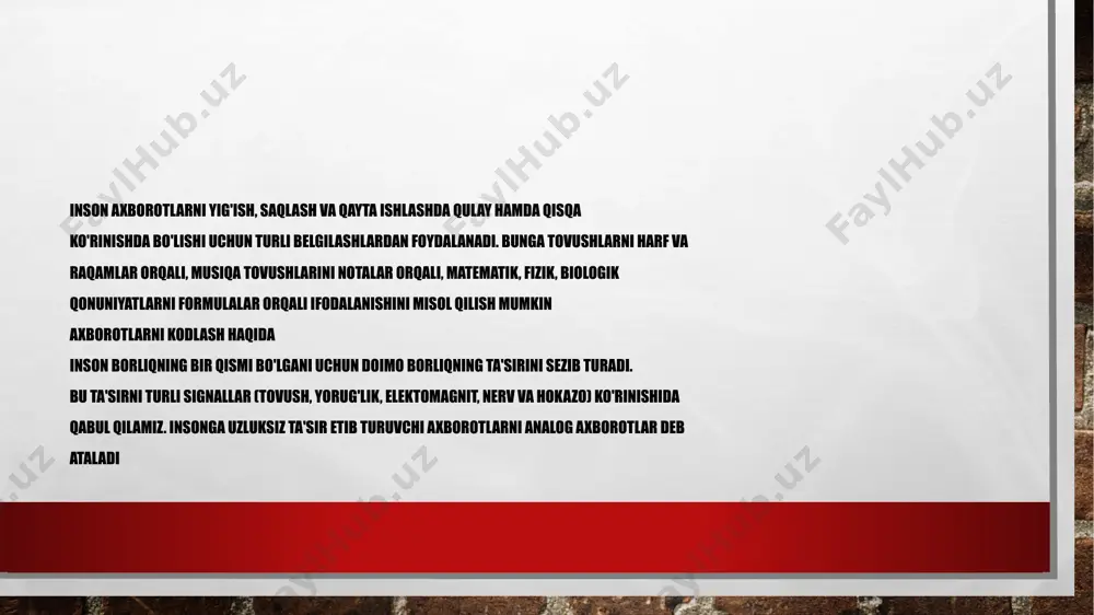 a ko'rinishga o'tkazish jarayoni axborotni kodlash deyiladi. axborotlarni kodlash insoniyat tomonidan faqat amallar bajarish qulay bo'lishi uchun emas, balki axborotni maxfiy saqlash uchun ham qo'llanilgan. kodlashning bu ko'rinishi shifrlash deb ataladi. qadimda axborotlarni kodlash hayotda axborotni kodlashning ko'pdan-ko'p usullari mavjud. birinchi kodlashni qo'llagan inson qadimgi gretsiya sarkardasi lisandro hisoblanadi. u axborotni maxfiy saqlash, ya'ni kodlash uchun ma'lum bir qalinlikdagi "ssital" tayoqchasini o'ylab topgan. kodlashning bu usuli o'rin almashtirish usuli deb ataladi. har bir axborot bir necha xil usulda kodlanishi mumkin. kompyuterlarning vujudga kelishi bilan alohida inson va butun nsoniyat ishlatadigan barcha ko’rinishdagi axborotlarni kodlash zaruriyati paydo bo’ldi. ammo axborotlarni kodlash muammosini yechishni insoniyat kompyuterlar paydo bo’lishidan ancha oldin boshlagandi. insoniyatning olamshumul kashfiyoti –yozuv va arifmetika-nutq va raqamli axborotni kodlash sistemasidan boshqa narsa emasdi. axborot hech qachon sof holatda bo’lmagan, u har doim qandaydir kodlangan ko’rinishda bo’lgan. ikkili kodlash- axborotni ifodalashning keng tarqalgan usullaridan biridir. hisoblash mashinalarida, robotlarda, raqamli dastur boshqaruvidagi …