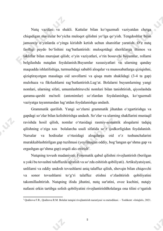 rgatish; ravon nutqni rivojlantirish; badiiy so‘zga qiziqishni tarbiyalash; savod o‘rganishga tayyorlash. nutq va muloqot masalalarini, maktabgacha davrdagi bolalikning barcha yosh bosqichlarida ushbu yo‘nalishdagi pedagogik ishlardan ko‘zda tutilgan vazifalarni batafsil ko‘rib chiqamiz. go`daklik yoshi: 0 - 1 bola hayoti kattalar hayoti va faoliyatiga uyg‘unlashgan bo‘ladi. ayni paytda bolada unga ta'sir o‘tkazish uchun biron-bir o‘ziga xos insoniy vositaga mavjud bo‘lmaydi. bu mazkur rivojlanishning asosiy genetik vazifasi - kichkintoylarda katta odam bilan muloqotga kirishish qobiliyati va vositalarini shakllantirishdan iboratdir. emotsional-erkin muloqot - ushbu yoshdagi yetakchi faoliyat turi hisoblanadi. bolaning boshqalardan ajralib qolishi, kattalar bilan emotsional muloqotlarning yetishmasligi bola hayotining dastlabki oylaridan boshlab uning yetarli darajada rivojlanmasligiga olib kelishi mumkin. bolaning kattalar bilan muloqotining dastlabki belgilari «jonlanish kompleksi», ya'ni bolaning kattalarga nisbatan emotsional-ijobiy munosabati ko‘rinishida paydo bo‘ladi. 2-2,5 oydan boshlab kichkintoy muloqotga kirishishni faol talab qila boshlaydi. muloqotning birinchi shakli - emotsional-erkin (vaziyat-shaxs) shakldir. bu boshqaodamga bo‘lgan qiziqish, unga nisbatan emotsional munosabat bilan tavsiflanadi. …