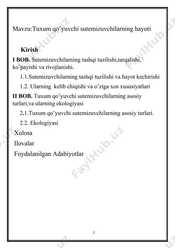 o'yib ko‘payishi bilan boshqa sutemizuvchilardan farq qiladi. biroq tuxum i rivojlanishining yarmidan ko‘prog‘i ona organizmida o ‘tganligi sababli tuxum shaklidagi holat 50% dan ko‘proq rivojlangan qobiq ichidagi embriondir. keyinchalik dastlabki darrandalar tuxum bosadi (o‘rdakburun) yoki tuxurnini maxsus xaltachasida (yexidna) rivojlantiradi. dastlabki darrandalarda qushlar va reptiliyalardagi singari kloaka bo‘ladi. ularning bosh miyasi nisbatan sust rivojlangan. dastlabki darrandalar (prototheria) infrasinfiga birteshiklilar, ya’ni kloakalilar (monotrem ata) turkumi kiradi. birteshiklilar quyidagi primitiv belgilari bilan xarakterlanadi: 1) sariqlik moddasiga boy b o ‘lgan katta (diam etri 14 m m ) tuxum q o ‘yish yo‘li bilan urchiydi; 2) ichaklari va siydik-tanosil teshiklari tashqariga mustaqil ochilmay, balki kloakaga ochiladi; 3) ko'krak so‘rg‘ichlari bo‘lmaydi, sut bezlari ko‘pgina teshiklar bilan maxsus bezli joyga ochiladi va bolalari shu yerga chiqqan sutni yalaydi, chunki sut bezlari tugmachalari yo'q; 4) bosh miyasida qadoqli tana yo‘q; 5) yelka kamari sudralib yuruvchilarning yelka kamariga o'xshaydi; 6) gavda harorati doimiy emas, ya’ni +22 +37°c …