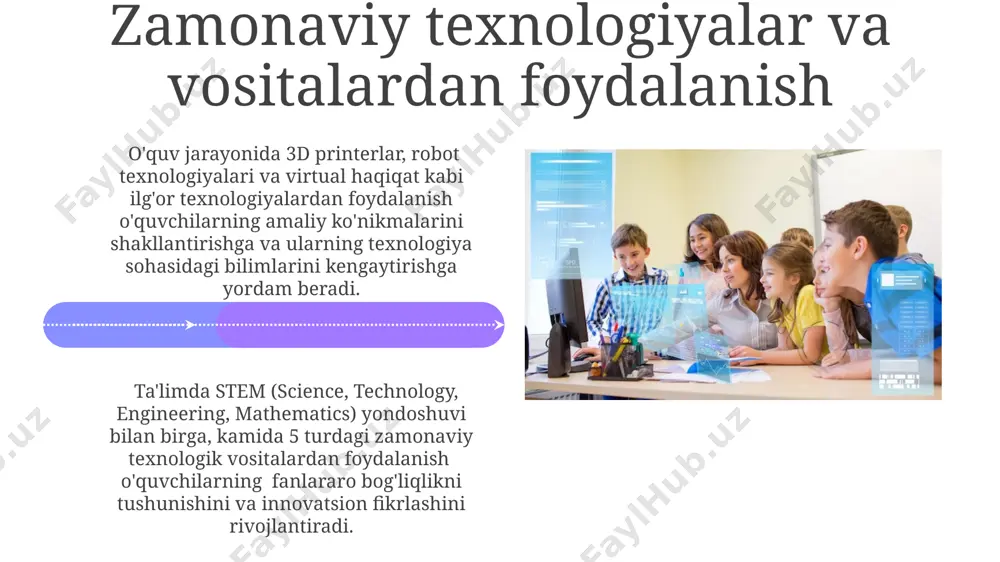 kmalarga erishishiga kafolat berishi zarur. davlat taʼlim standartlari va kompetensiyalar davlat ta'lim standartlari 1-4-sinflar uchun axborot texnologiyalari fanidan 5 ta asosiy kompetensiyani, jumladan, raqamli savodxonlik va muammo yechish kompetensiyalarini belgilab beradi. kompetensiyalarni o'zlashtirish darajasi 3 bosqichda (boshlang'ich, o'rta, yuqori) baholanadi va har bir bosqichga mos keladigan ko'nikmalar va bilim darajalari aniq belgilangan. kelajakdagi istiqbollar kelajakdagi ta'limda texnologiyalarni qo'llash bo'yicha 5 yildan keyin 100% o'quvchilarning raqamli savodxonlik ko'nikmalarini rivojlantirishga qaratilgan milliy dasturlar amalga oshiriladi. boshlang'ich sinflarda stem (science, technology, engineering, mathematics) yo'nalishi bo'yicha kompetensiyaga asoslangan 3 ta asosiy modul ishlab chiqiladi va joriy etiladi, bu o'quvchilarning amaliy ko'nikmalarini oshiradi. tavsiyalar va xulosalar boshlangʻich sinf texnologiya darslarida kompetensiyaga asoslangan yondashuvni qoʻllash oʻquvchilarning 21-asr koʻnikmalarini, jumladan, muammo yechish va kreativ fikrlash qobiliyatlarini rivojlantirishga yordam beradi. baholash tizimini diversifikatsiya qilish, ya'ni portfolio va loyiha himoyalari kabi 5 xil usullarni qoʻllash orqali oʻquvchilarning kompetensiyalar darajasini aniqroq baholash mumkin. interfaol oʻquv usullari va oʻyin texnologiyalari o'yinlashtirilgan …