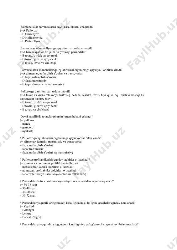 uvchisi…? {= rnk saqlovchi virus ~ dnk saqlovchi virus ~ dermatrop virus ~ dnk va rnk saqlovchi virus} # parrandalarning laringotraxeit kasalligining qo’zg’atuvchisi nima? {= virus ~ mikrob ~ virus va mikrob ~ zamburug'} # yuqumli laringotraxeit kasalligi virusi organizmga qaysi yo’llar bilan kiradi? {= nafas olish a’zolari, kontakt va hashoratlar orqali ~ faqat alimentar, teri pat follikulasi orqali ~ faqat transmissiv va transovarial ~ faqat alimentar va transmissiv} # yuqumli laringotraxeit kasalligi profilaktikasida qanday tadbirlar o’tkaziladi? {= maxsus va nomaxsus profilaktika tadbirlari ~ maxsus profilaktika tadbirlari o’tkaziladi ~ nomaxsus profilaktika tadbirlari o’tkaziladi ~ faqat veterinariya –sanitariya tadbirlari o’tkaziladi} # infeksion laringotraxeit virusi qaysi virus oilasiga mansub? {= dnk saqlovchi virus herpesviridae ~ dnk saqlovchi virus avipoxviridae ~ rnk saqlovchi virus herpesviridae ~ rnk saqlovchi virus paramiksoviridae} # infeksion laringotraxeit virusiga qaysi javobdagi parrandalar moyil hisoblanadi? {= tovuq, tustovuq, kurka, sesarka moyil ~ tustovuq, kurka, o’rdak, bedona moyil ~ tovuq, …