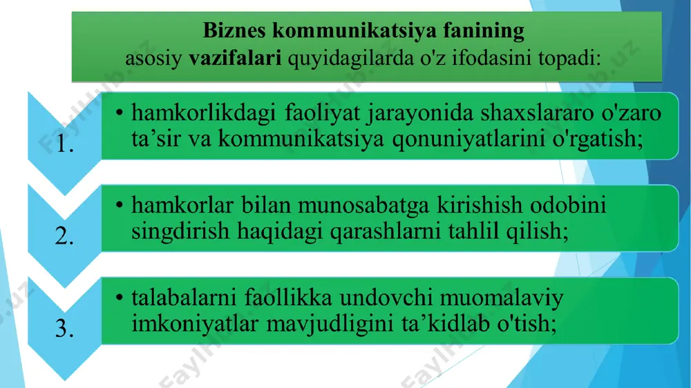 ’lumotlarning ta’sirini kuchaytiradi. kommunikatordan talab etiladigan sifatlar notiqligi (chiroyli gapira olishi). tushuntira olishi (vaziyatni to‘g‘ri ifodalashi). ishontira olishi (aniq dalillardan foydalanishi). avtoriteti (talabaning hurmatini qozona olgan va qozona olmagan o‘qituvchi). statusi (bitta dorini oddiy odam va malakali vrach tavsiya qilishi har xil ta’sir qiladi). savol eng yaxshi suhbatdosh qanday bo‘lishi kerak? odatda odamlar, hatto psixologlar orasida ham shunday bir noto‘g‘ri tasavvur mavjudki, bolani muloqotga o‘rgatganda uni faqat gapirishga, mantiqan asoslangan so‘zlardan foydalanib, ta’sirchan gapirishga o‘rgatishadi. lekin eng muhim bo‘lgan - tinglash qobiliyatiga deyarli e’tibor berilmaydi. mashhur amerikalik notiq, psixolog deyl karnegi “yaxshi suhbatdosh - yaxshi gapirishni biladigan emas, balki yaxshi tinglashni biladigan suhbatdoshdir” deganda haqli edi. statistika mutaxassislarining fikricha: ishlayotgan odamlarning 45% vaqti tinglash jarayoniga ketar ekan odamlar bilan doimiy muloqotda bo‘ladiganlar 35 – 40 % oylik maoshlarini odamlarni “tinglaganlari” uchun olar ekanlar. bundan shunday xulosa kelib chiqadiki, kommunikatsiyaning eng qiyin sohasi tinglash qobiliyatidir. shuning uchun nemis faylasufi a.shopengauyer “odamlarni …