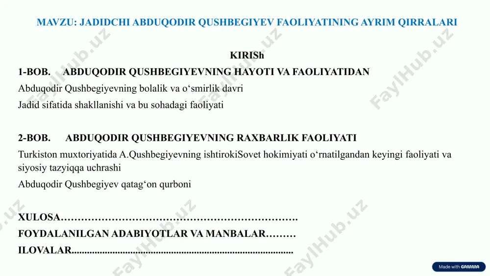 axr va hurmat tuyg‘usini shakllantirishga intildilar. ular milliy ona tilda ta’lim berish, o‘zbek adabiyoti va tarixini o‘rganish, o‘lkashunoslikni rivojlantirish kabi tashabbuslarni amalga oshirdilar. ana shunday jadid vakillaridan yana biri abdulqodir qushbegiyev 1882 yilda toshkent shahrida badavlat va nufuzli mulkdor oilasida tavallud topgan. uning otasi mirzo ahmad asli andijon shahridan bo‘lib, qo‘qon xoni xudoyorxon tomonidan ishonchli shaxs sifatida toshkent shahriga yuborilgan va bu yerda qo‘shbegi lavozimini egallagan edi. qushbegilik lavozimi xonlik davrida ma’muriy boshqaruvning yuqori pog‘onalaridan biri hisoblangan va mirzo ahmad ushbu vazifani sharaf bilan bajargan. uning toshkentda keng yer-mulklari va bir necha ko‘chmas mulki bo‘lib, shaharning obro‘li kishilaridan sanalgan. mirzo ahmad 1889 yilda vafot etgach, abdulqodir qushbegiyev yetti yoshida onasi bilan birgalikda andijonga, amakisining xonadoniga ko‘chib o‘tishga majbur bo‘ladi. andijonda abdulqodir qushbegiyev zamonaviy ta’lim standartlariga muvofiq tashkil etilgan rus-tuzem maktabiga o‘qishga kiradi. mazkur maktabda u arab, fors tillari bilan bir qatorda rus tilini ham puxta o‘zlashtiradi. o‘z bilimlarini yanada chuqurlashtirish …