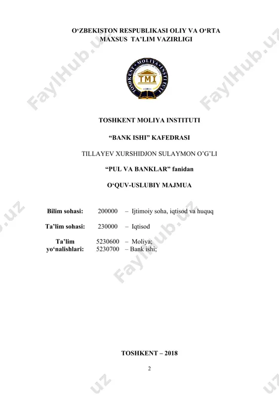 u. “pul va banklar” faniga kirish 6 2-mavzu. pulning paydo bo‘lishi, zarurligi va funksiyalari 21 3-mavzu. pul nazariyalari 41 4-mavzu. pul aylanmasi va uning tarkibi 62 5-mavzu . pul massasi va pul agregatlari 80 6-mavzu. pul tizimi: mazmuni, turlari va elementlari 102 7-mavzu. o‘zbekiston respublikasi pul tizimi va uning elementlari 117 8-mavzu. inflyatsiya va unga qarshi kurashish yo‘llari 138 9-mavzu. pul islohotlari 10-mavzu. kreditning zarurligi, funksiyalari, turlari va shakllari 11-mavzu. kredit bo‘yicha foiz stavkalar va ularga ta’sir qiluvchi omillar 12-mavzu. banklarning kelib chiqishi va bank tizimi 13-mavzu. o‘zbekiston respublikasi bank tizimi va uning tarkibi 14-mavzu. markaziy bank va uning funksiyalari 15-mavzu. markaziy bankning mustaqilligi 16-mavzu. tijorat banklari va ularning funksiyalari 17-mavzu. tijorat banklarining operatsiyalari 18-mavzu. nobank moliya-kredit muassasalari 19-mavzu. bank inqirozlari 20-mavzu. pulning xalqaro munosabatlardagi harakati 21-mavzu. xalqaro moliya institutlari, ularning maqsadi va funksiyalari 156 amaliy mashg‘ulot mavzulari 175 1-mavzu. “pul va banklar” faniga kirish 175 2-mavzu. pulning paydo bo‘lishi, …
