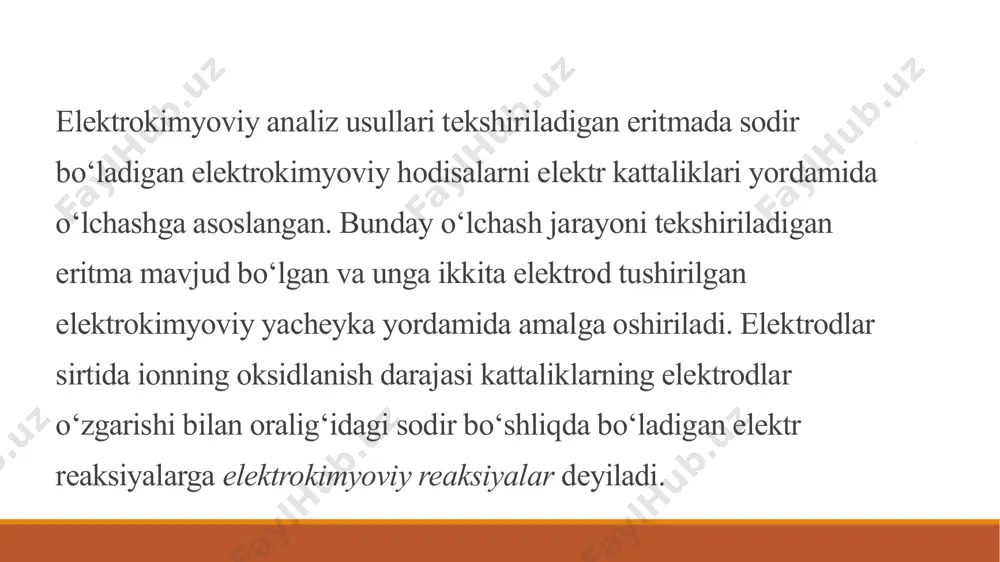 elektrod potensialining o‘zgarishini o’lchash yo’li bilan moddaning miqdor analizini o‘tkazish mumkin. potensiometrik analiz metodi aniqlanishi kerak bo‘lgan modda eritmasiga botirilgan ikkita elektrodning potensiallar ayirmasini o’lchashga asoslangan. nernst tenglamasi bo‘yicha aniqlanadigan indikator elektrodning potensiali eritma konsentratsiyasiga proporsionaldir: e = + lnc potensiallarni to‘g‘ridan-to‘g‘ri o‘lchash asboblari bunday asboblarga elektron-voltmetrlari kiradi. elektron-voltmetrlari zanjirda tok kuchi - bo‘lganda ishlaydi va ular ulanganda aniqlanayotgan element potensiali o‘zgarmaydi. bunday asboblar ph-metrlar deyiladi va ulaming shkalalari millivoltlarda darajalangan bo‘ladi. potensiometrlarda ishlatiladigan elektrodlar indikator elektrodi potensialining o‘zgarishini kuzatish uchun uni potensiali ma’lum bo‘lgan boshqa elektrod bilan galvanik elementga ulash kerak. bunday elektrod solishtirma elektrod deyiladi. elektrod potetsiali, o‘zi botirilgan eritma konsentratsiyasi bilan o‘lchansa, bunday elektrodlar indikator elektrodlar deyiladi. potensiometrik o‘lchashlarda indikator elektrodlarining 2 ta asosiy turidan foydalaniladi. 1. metall indikator elektrodlar. 2. membranali indikator elektrodlar. metall indikator elektrodlar. konduktometriya mohiyati: bu usul moddaning eritmadagi ionlari tomonidan elektr tokini o‘tkazish qobiliyatini o‘lchashga asoslanadi. eritmada ionlar qancha ko‘p bo‘lsa, elektr …