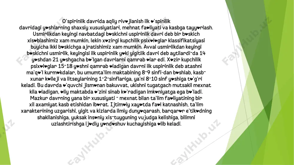 llarda ilk uspirinlar uzlarini kurkmas, jasur qilib kursatishga, nourin xarakatlarga moyil bo`ladilar. ilk uspirinlar ma`naviy xislatlarga, axlokiy mezonlar moxiyatiga jiddiy munosabatda bo`ladilar. l.a.umanskiy fikricha buning uchun uspirin quyidagi xislatlarga ega bulishi kerak. a) axlokiy xislatlar – jamoatchilik, samimiylik, tashabbus-korlik, faollik, mexnatsevarlik; b) irodaviy xislatlar – matonat, kat`iyat, mutsakillik, tashab-buskorlik, batartiblik, intizomlilik; v) emotsional xislatlar – xushchakchaklik, tetiklik, xazilkashlik va yangilikni xis etish, uz kuchiga ishonch, optimizm va boshkalar. uspirinlarda mavjud bo`lgan yana bir muxim xislat ularda yuksak darajadagi dutslik, urtoklik, ulfatchilik, muxabbatning vujudga kelishidir. shu sifatlarningkay darajada shakllanganligi tarbiya-viy ta`sir utkazish mezoni xisoblanadi. uspirin o`quvchilarda tabiat, san`at, adabiyot, madaniyat, ijti-moiy xayot guzalliklarini paykash, idrok qilish, sevish, ulardan ta`sirlanish, ma`naviy ozuka olish xislatlari paydo bo`ladi. ular-ning psixologiyasida mayin sado, yokimli nido, kalbni tulkin-lantiradigan musika, nozik xis–tuygu, ezgulik xislari, mayllari kuchayadi. ayniqsa, etsetik xislar ularning ma`naviyatidagi kupol, noxush, xunuk va yokimsiz kiliklarning yukolishiga yordam beradi. shunga karamay uspirin yigit va kizlar orasida …