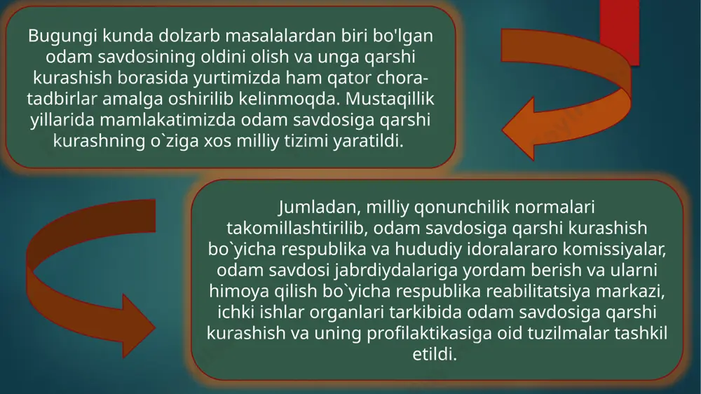 “odam savdosiga qarshi kurashish to`g`risida”gi 2008- yil 17-aprel qonuni hisoblanib, 2020-yil 17-avgustda esa, o`zbekiston respublikasining “odam savdosiga qarshi kurashish to`g`risida”gi o`rq-633-sonli qonuni yangi tahrirda qabul qilindi. odam savdosi jinoyatining umumiy oldini olish va profilaktikasi chora-tadbirlari quyidagilardan iborat: odam savdosi jinoyatining oldini olish va profilaktikasiga doir davlat dasturlarini va boshqa dasturlarni ishlab chiqish hamda amalga oshirish; aholi o‘rtasidagi huquqiy targ‘ibot; odam savdosi jinoyatining sodir etilishi sabablarini va ularga imkon berayotgan shart-sharoitlarni aniqlash, bartaraf etish hamda huquqbuzarliklarning sodir etilishi sabablarini va ularga imkon berayotgan shart-sharoitlarni bartaraf etish to‘g‘risida taqdimnomalar kiritish. odam savdosini oldini olish borasida quyidagi choralarni amalga oshirish lozim: fuqarolar o`rtasida odam savdosi va uning og‘ir oqibatlari haqida keng targ‘ibot va tushuntirish ishlarini amalga oshirish, odamlarning huquqiy bilim va madaniyatlari yuksalishiga erishish; odam savdosi muammosiga bag‘ishlangan o‘quv qo‘llanmalari, badiiy va hujjatli filmlar tayyorlash, teatrlashtirilgan sahna ko‘rinishlarini tashkil qilish kerak. bu choralar nafaqat insonlarni xalqaro muammo to‘g‘risida axborotga ega bo‘lishi, balki ularning …